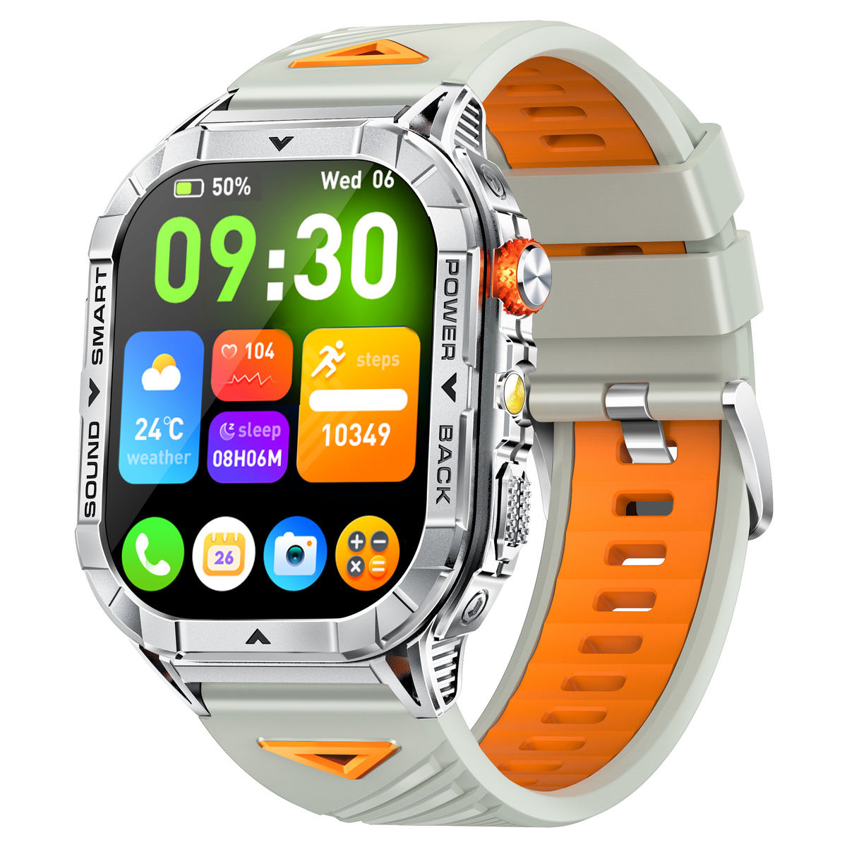 Zegarek smartwatch ze srebrną kopertą, pomarańczowymi detalami i szarym paskiem.