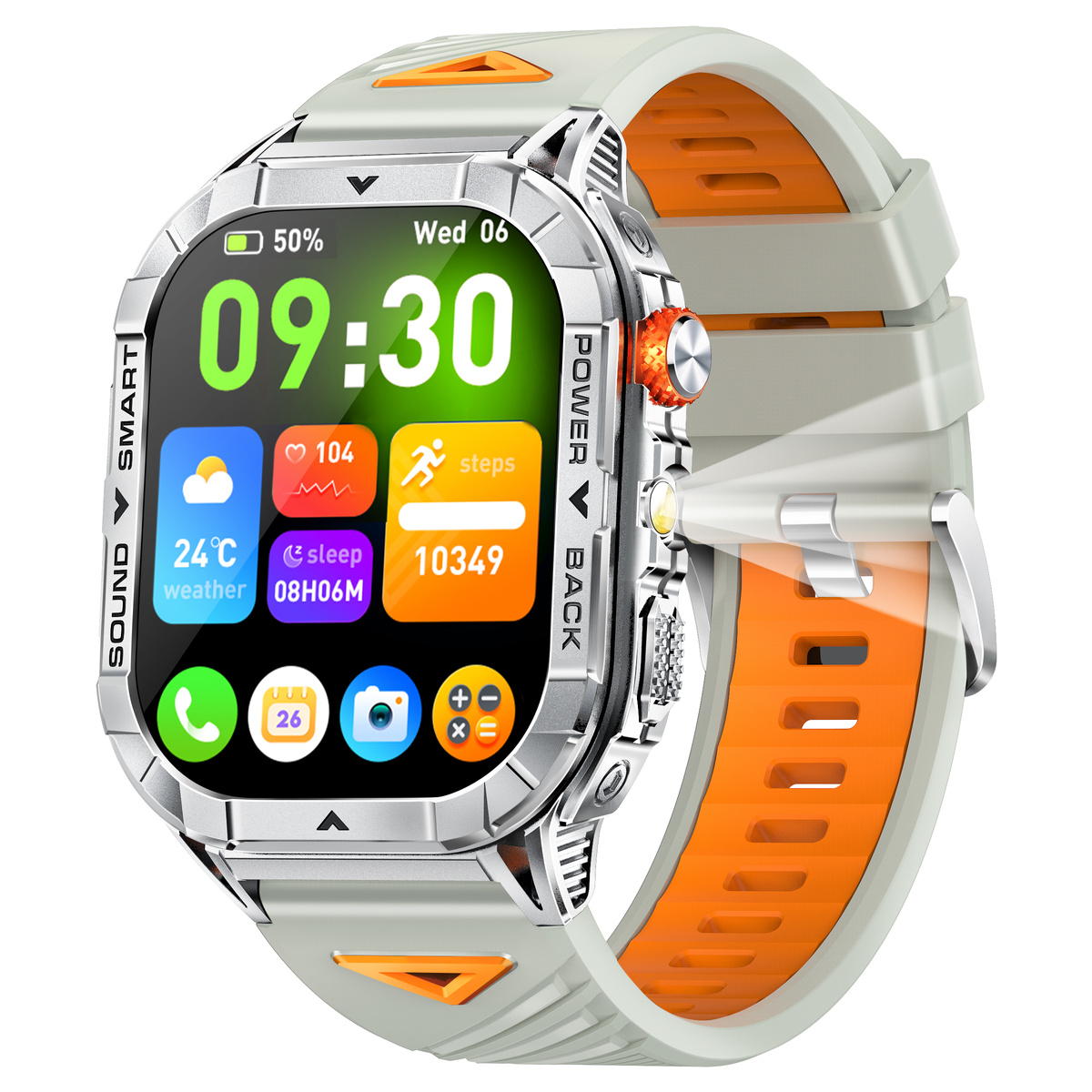 Smartwatch ze srebrną obudową, pomarańczową bransoletą i wyświetlaczem pokazującym czas, pogodę, kroki i sen.