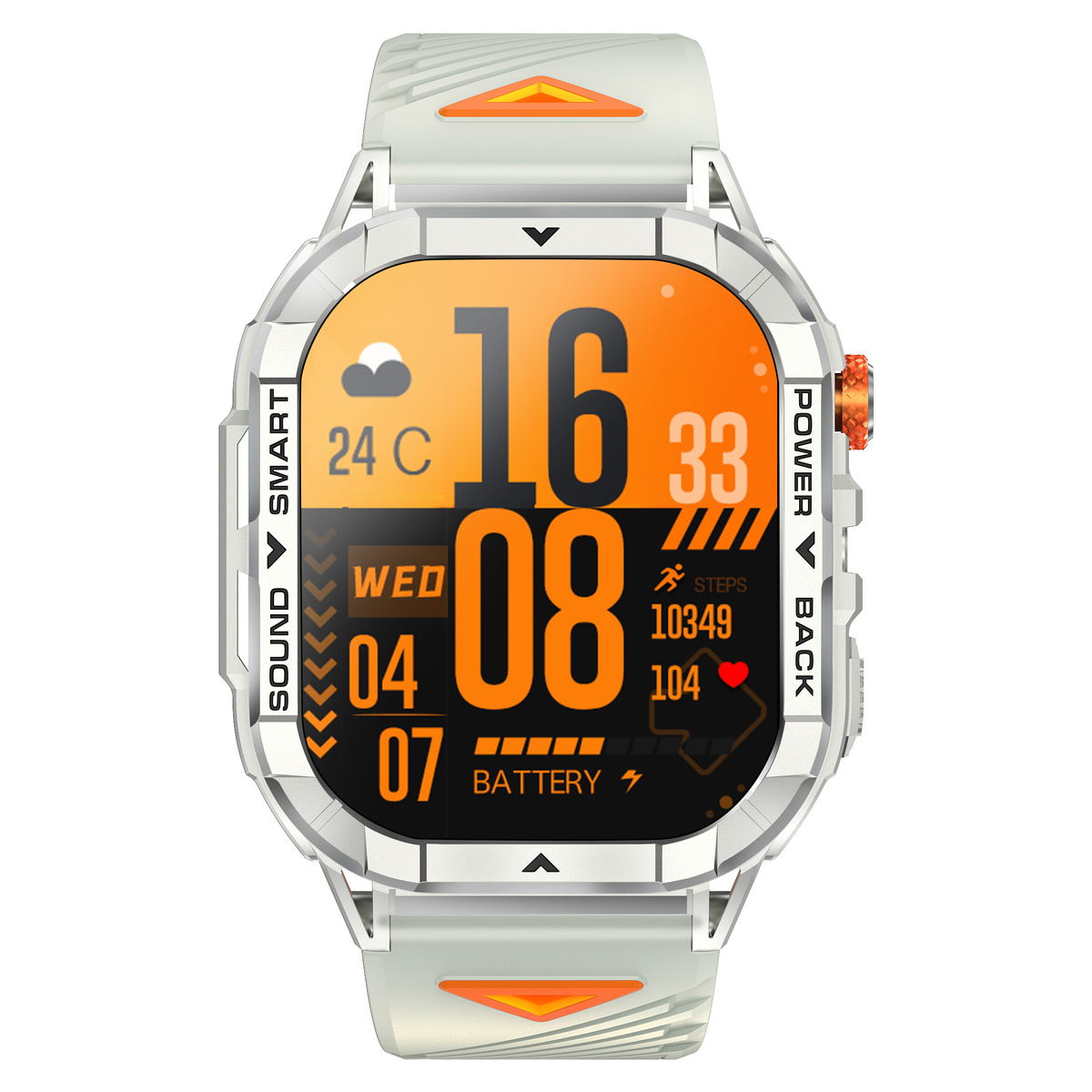 Biały smartwatch z pomarańczowymi akcentami wyświetla czas, datę, kroki i baterię.
