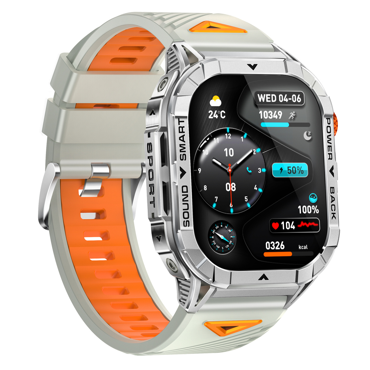 Szary smartwatch z pomarańczowymi akcentami i srebrną obudową. Wyświetlacz pokazuje czas, datę i statystyki.