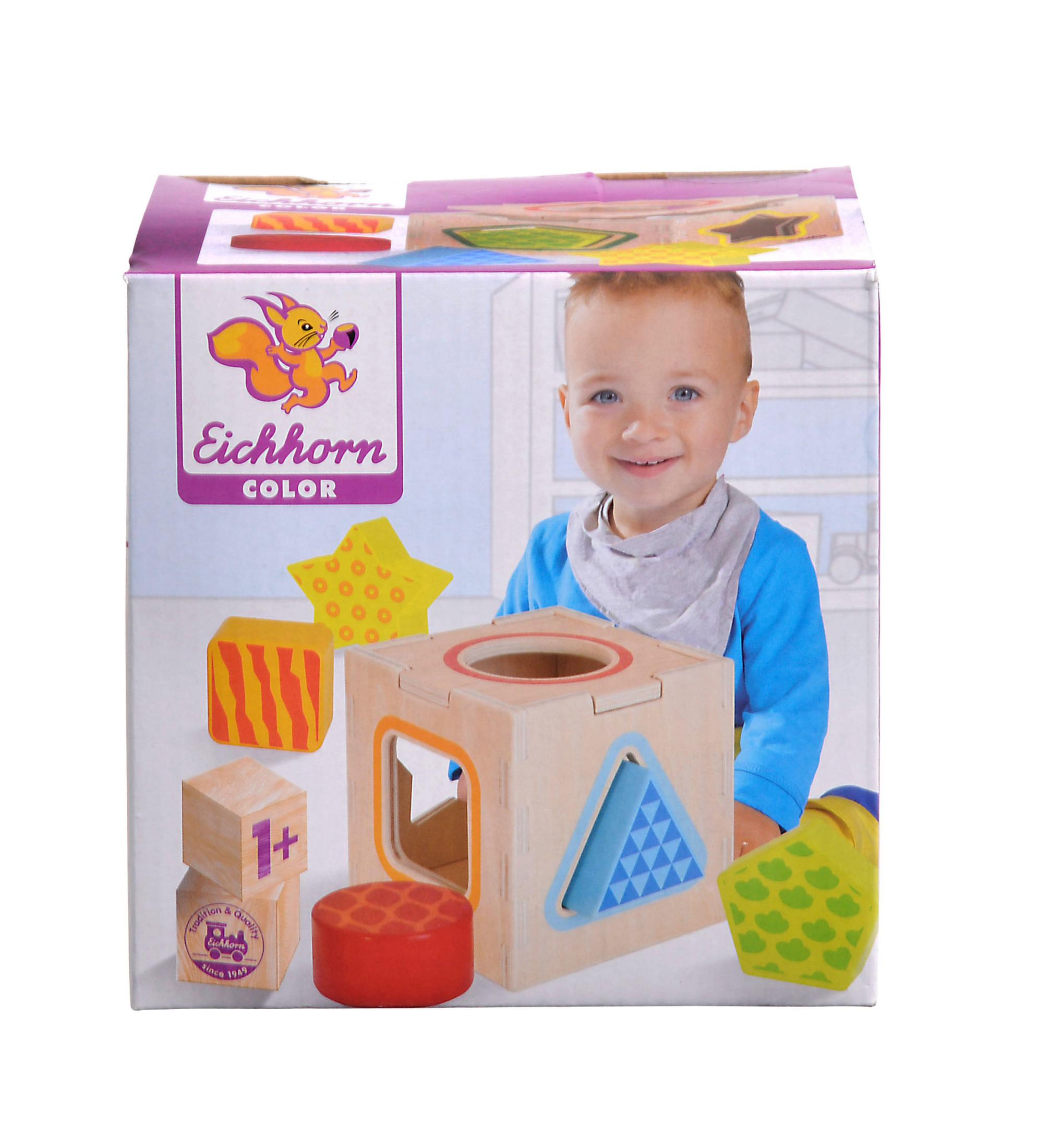 Holz-Sortierwürfel mit bunten Formen und einem lächelnden Baby auf der Verpackung.