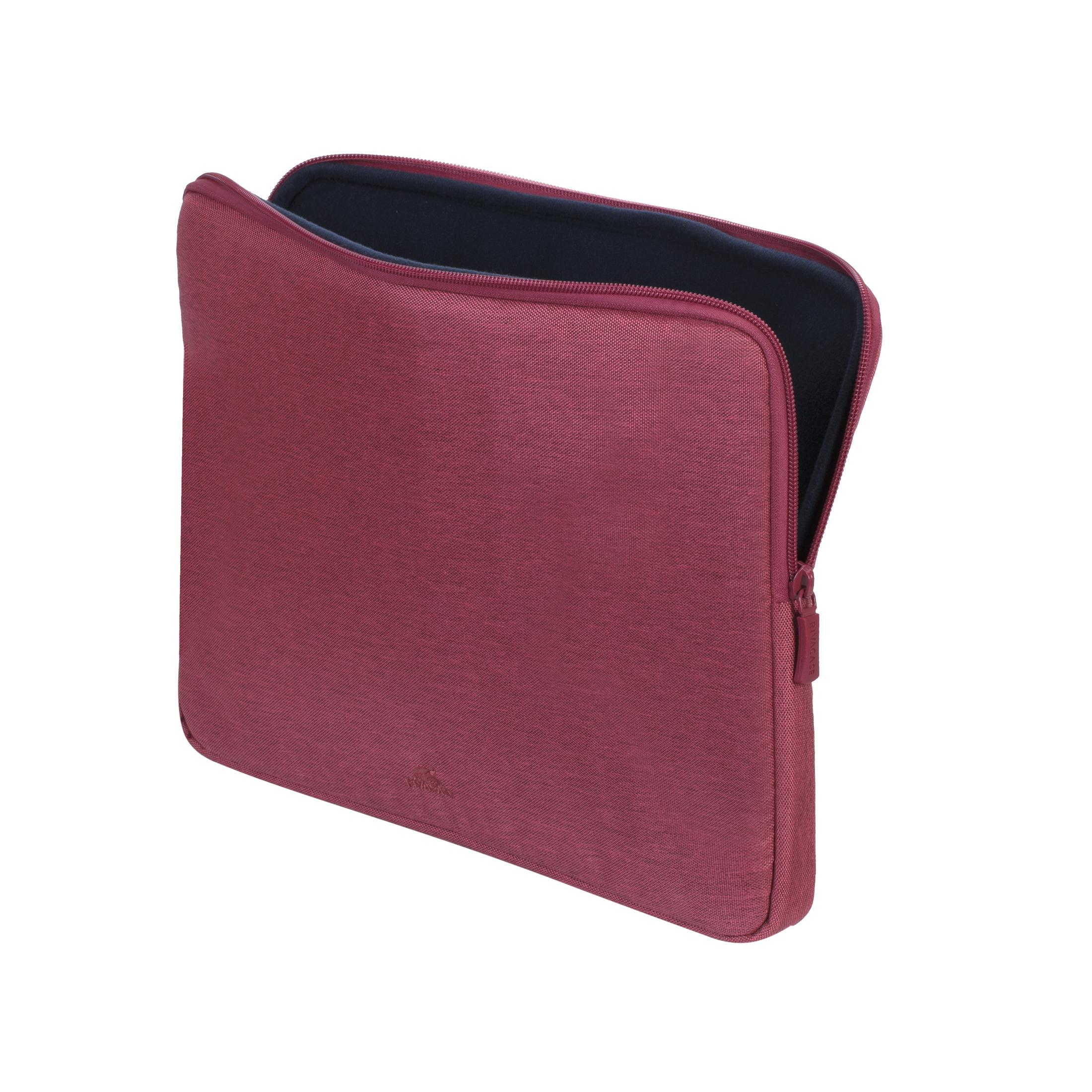 A burgundy laptop sleeve, partially unzipped, showing navy interior.