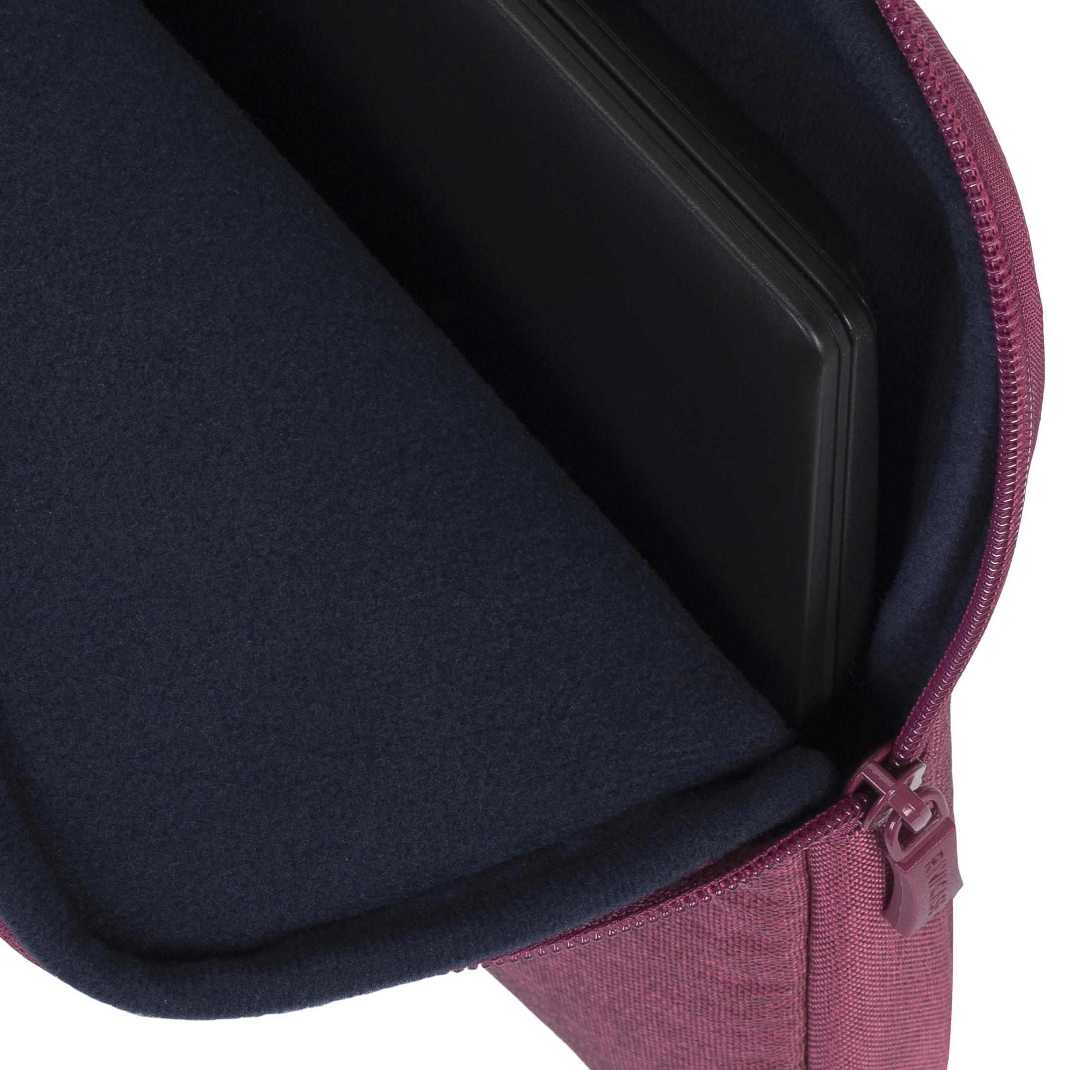 A dark red zippered case holding a black electronic device inside.