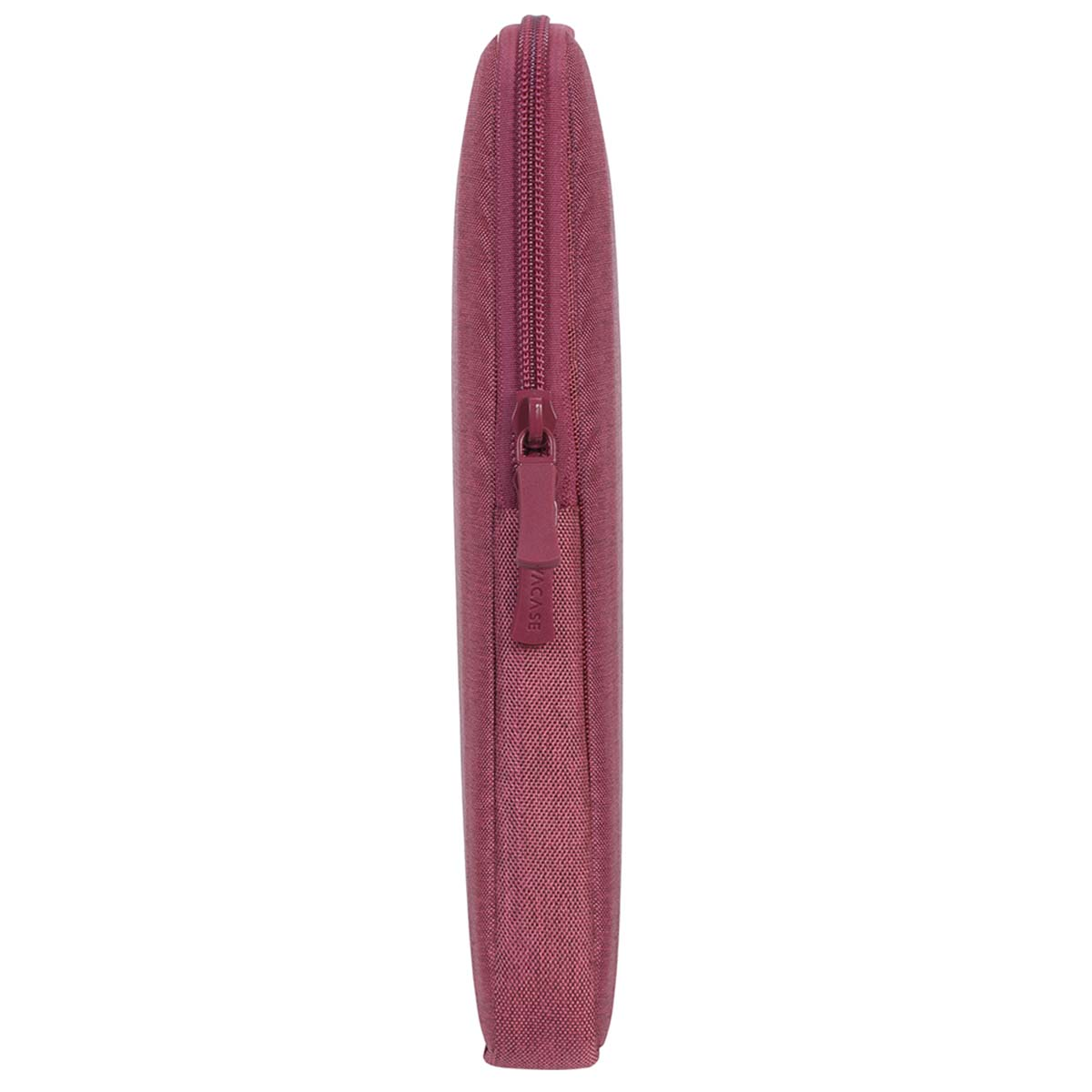 A slim, burgundy laptop sleeve with a zipper and embossed logo.