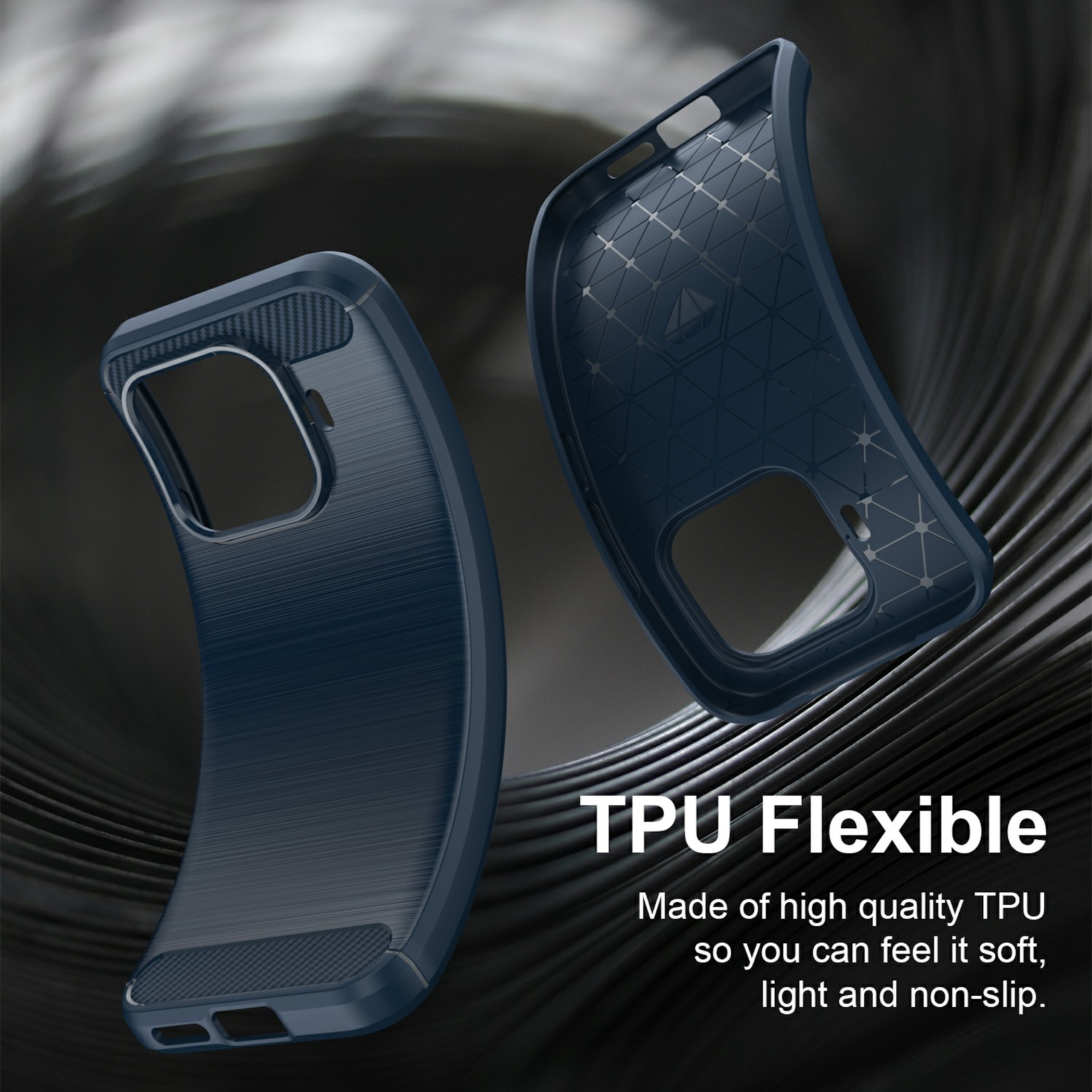 Zwei dunkelblaue, flexible TPU-Handyhüllen mit gebürsteter und wabenartiger Textur.