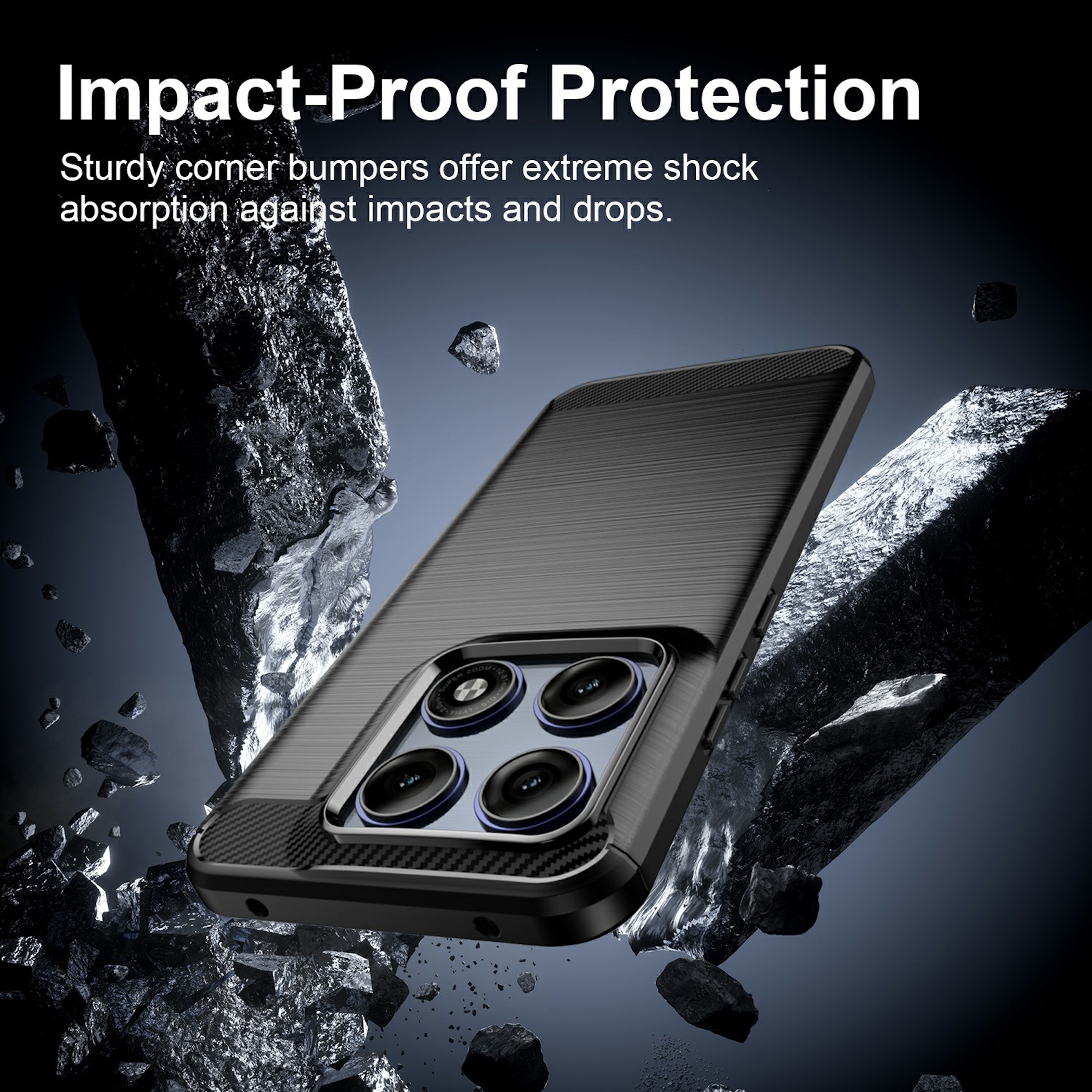 Schwarzes Handycase mit Kamera auf felsigem Hintergrund.