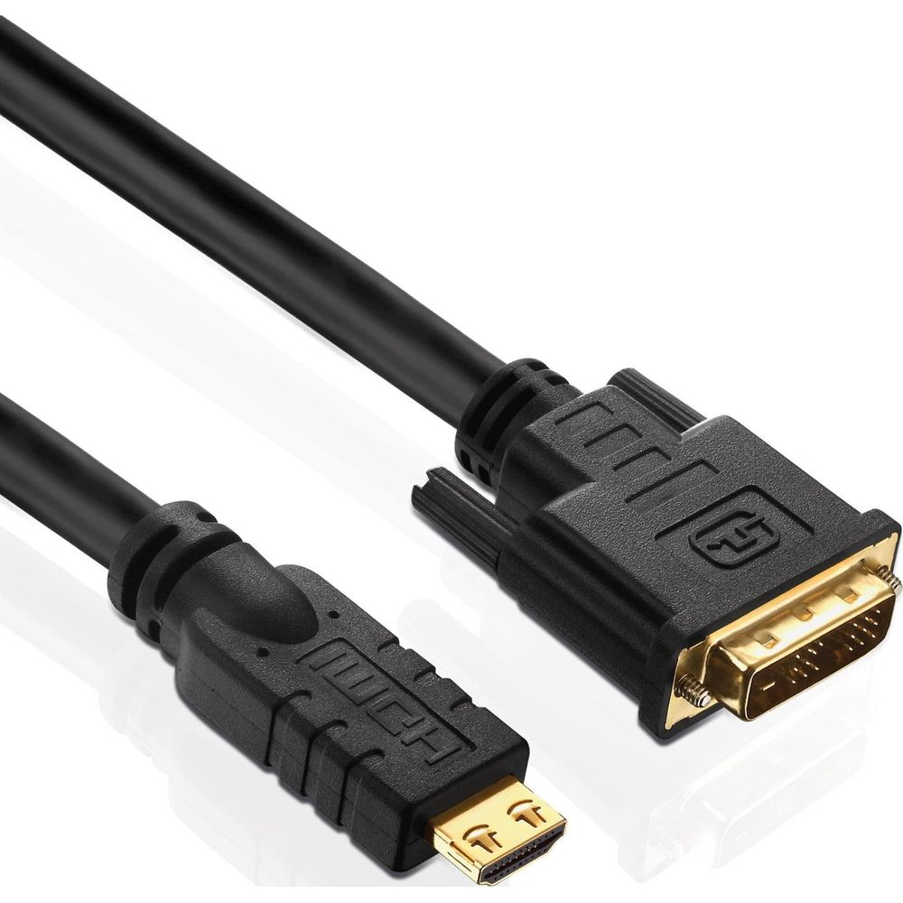 Schwarzes HDMI-zu-DVI-Kabel mit goldenen Anschlüssen, auf weißem Hintergrund.