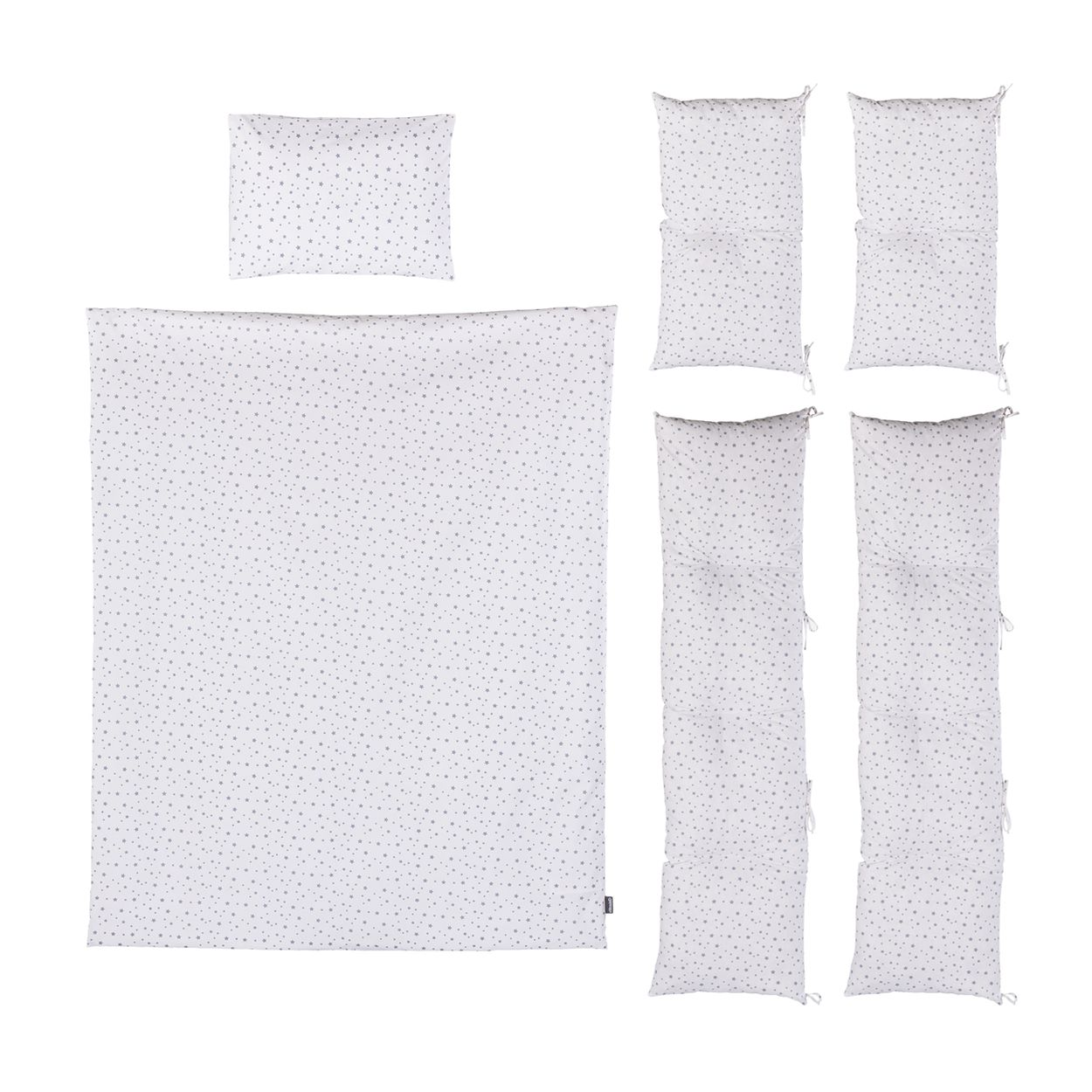 Bettwäsche-Set mit Sternenmuster: Decke, Kissen und sechs lange, gepolsterte Ränder.