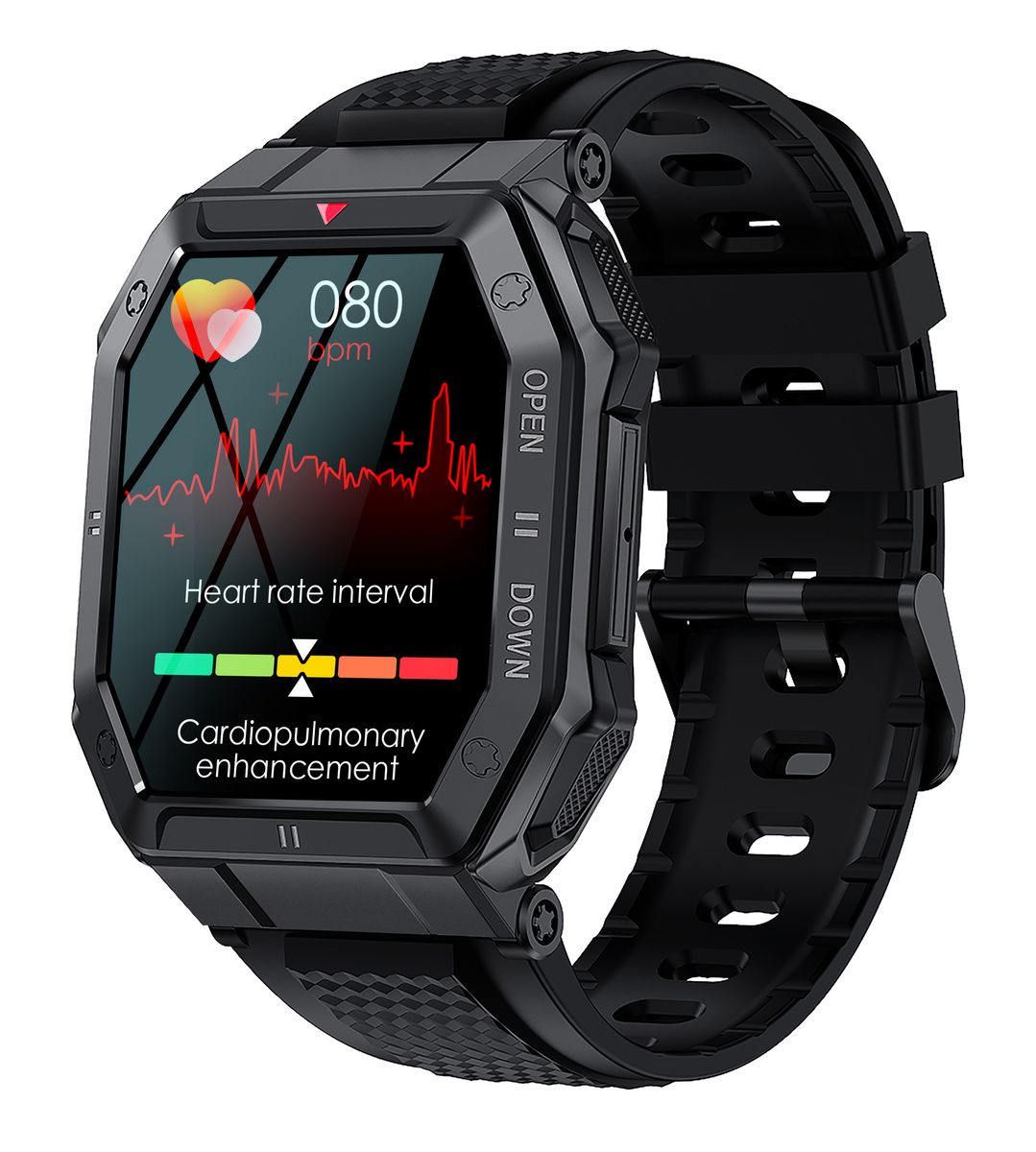 Czarny smartwatch wyświetla 080 bpm tętna i wykres.