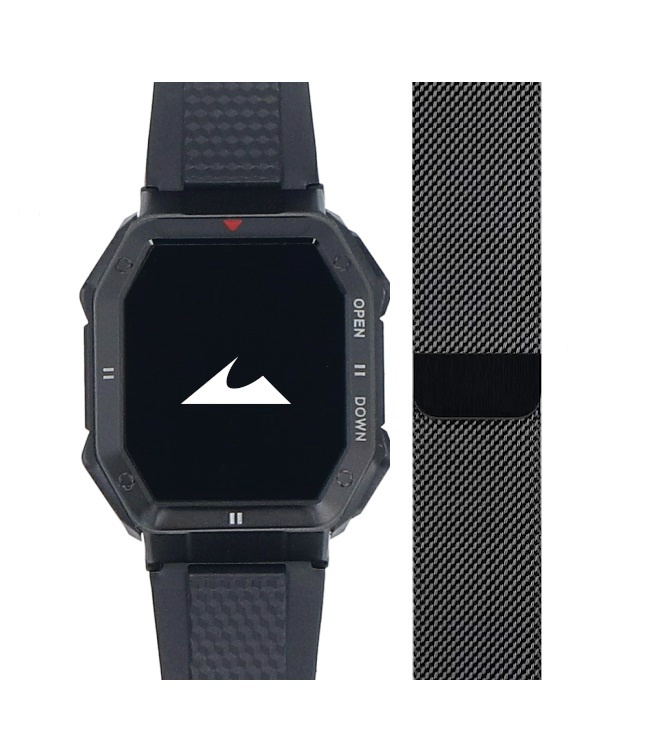 Czarny smartwatch z białym logo fali i zapasową bransoletą z siatki metalowej.