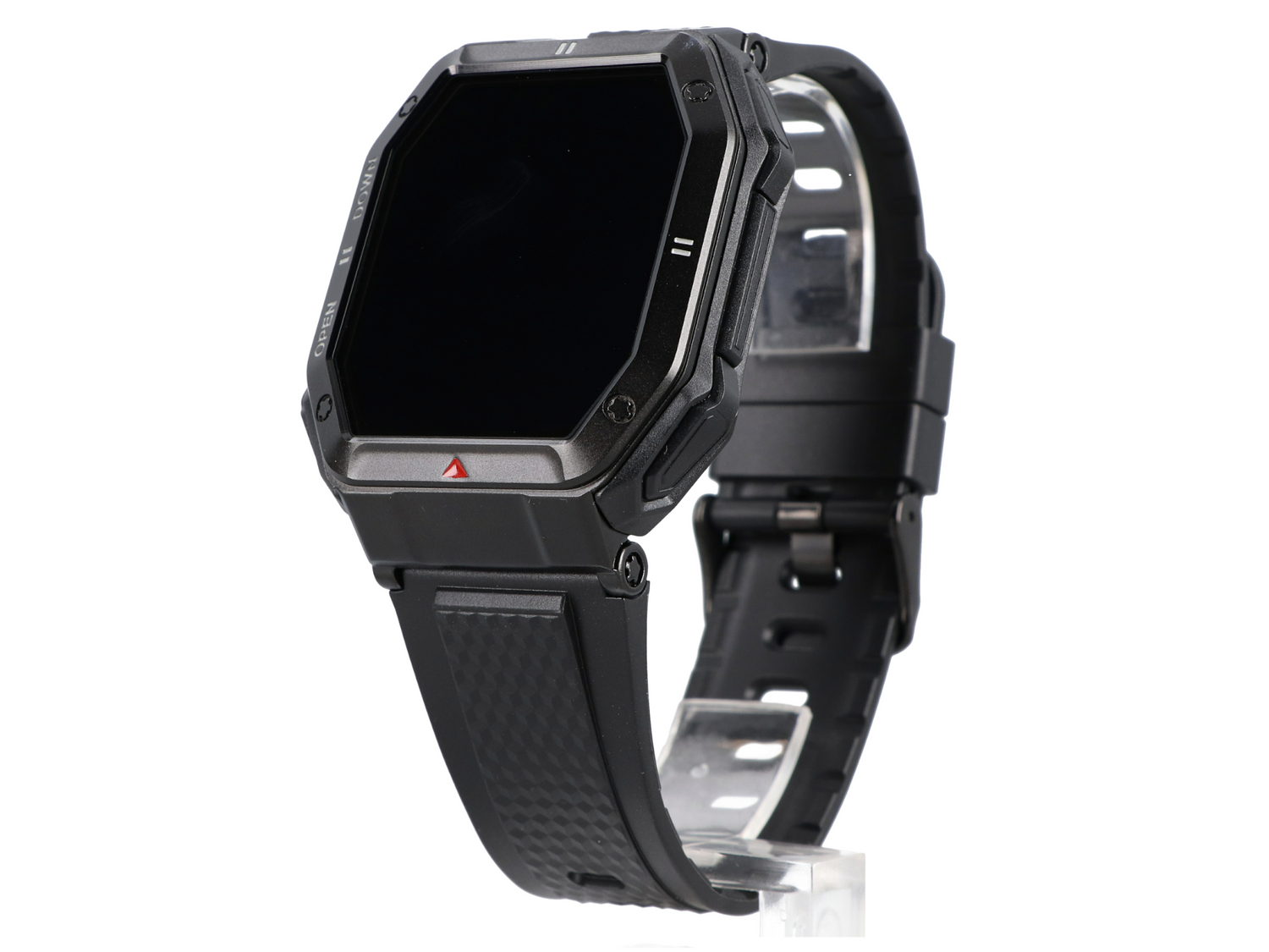 Czarny smartwatch z prostokątnym ekranem i paskiem silikonowym na białym tle.