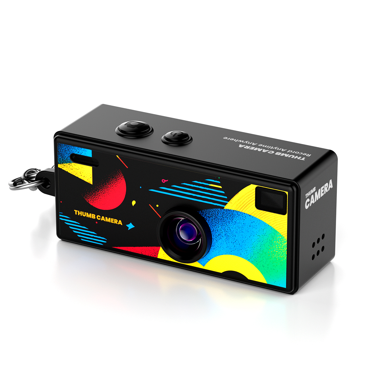 Cámara digital negra compacta con diseño gráfico colorido, lente y visor.