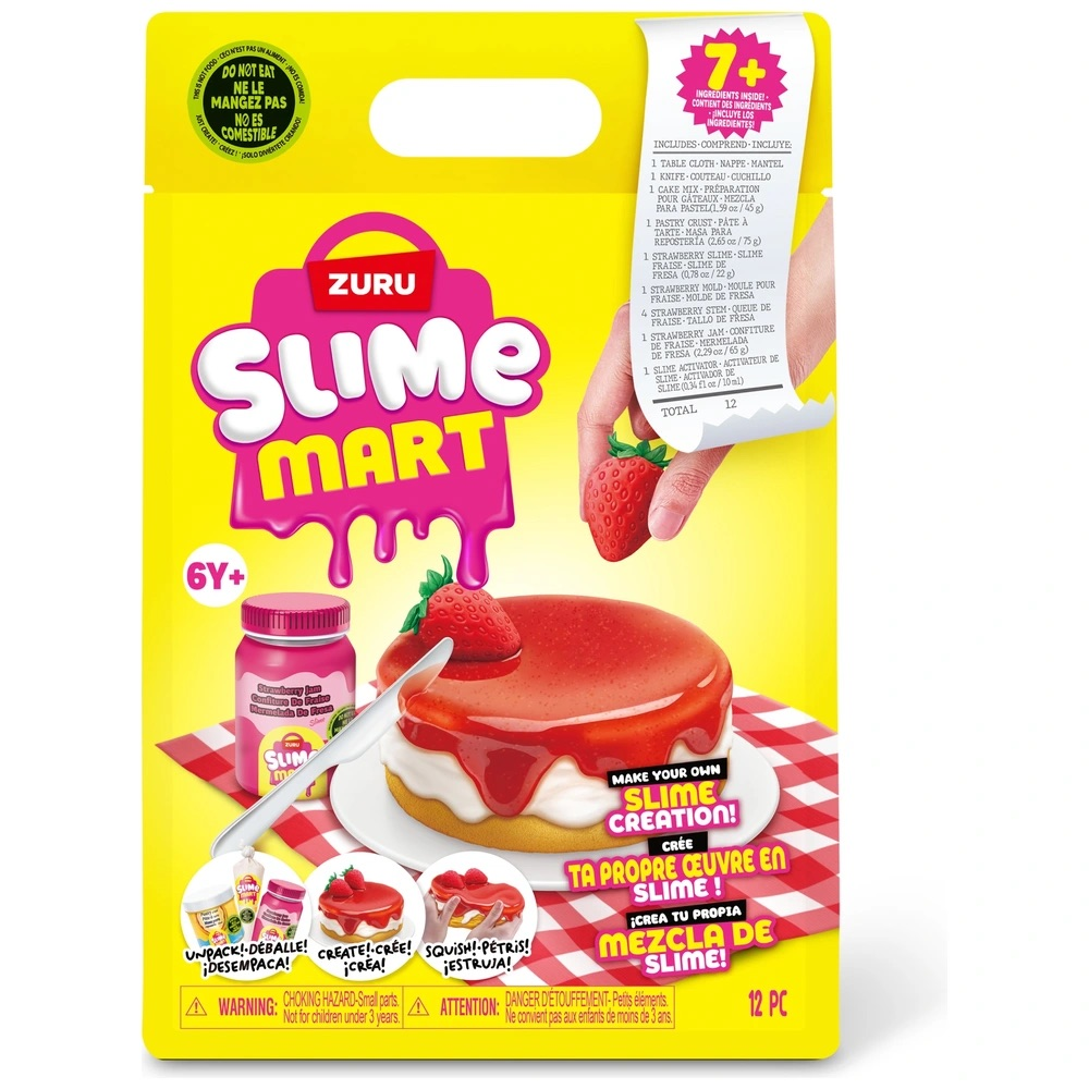 Zestaw do robienia slime o tematyce truskawkowej, zawiera składniki i instrukcje.