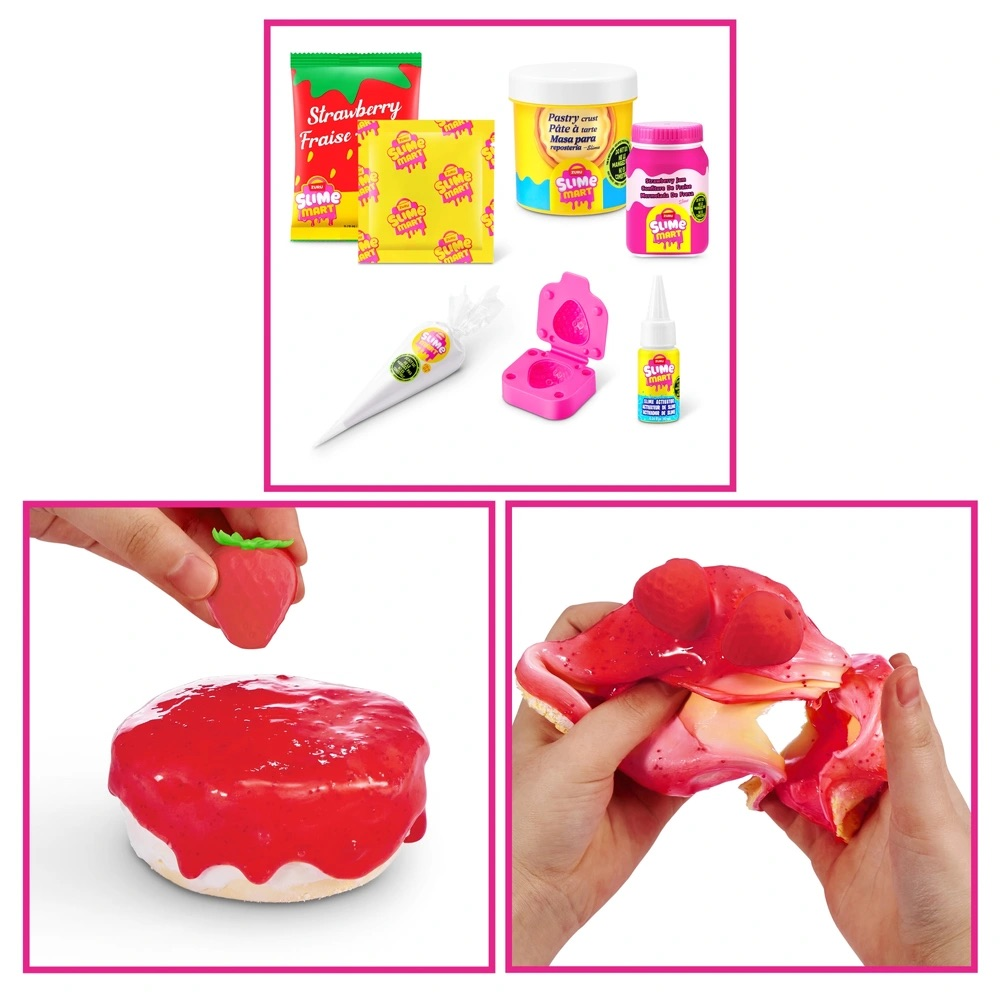 Zestaw do robienia slime'a: truskawka, ciasto kruche, rękaw cukierniczy i forma.