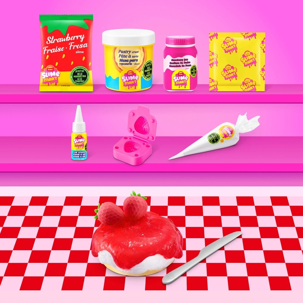 Produkty Slime Mart: Slime truskawkowy, ciasto, dżem, aktywator, forma i rękaw cukierniczy.