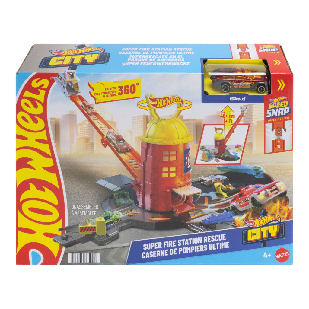 Set di gioco Hot Wheels City Super Caserma dei pompieri con macchinine e piste.