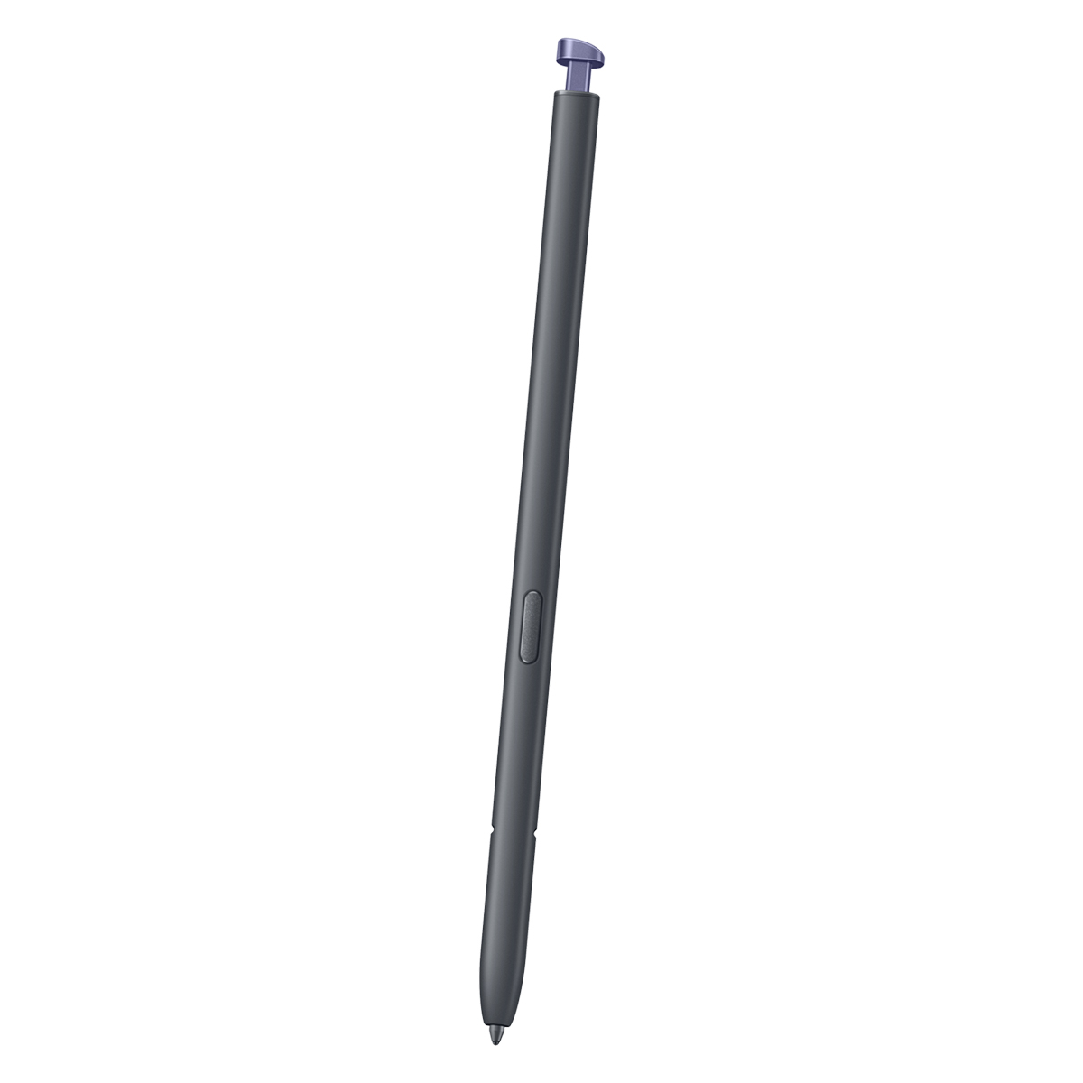 Uno stilo grigio scuro con punta e pulsante laterale viola, isolato su bianco.