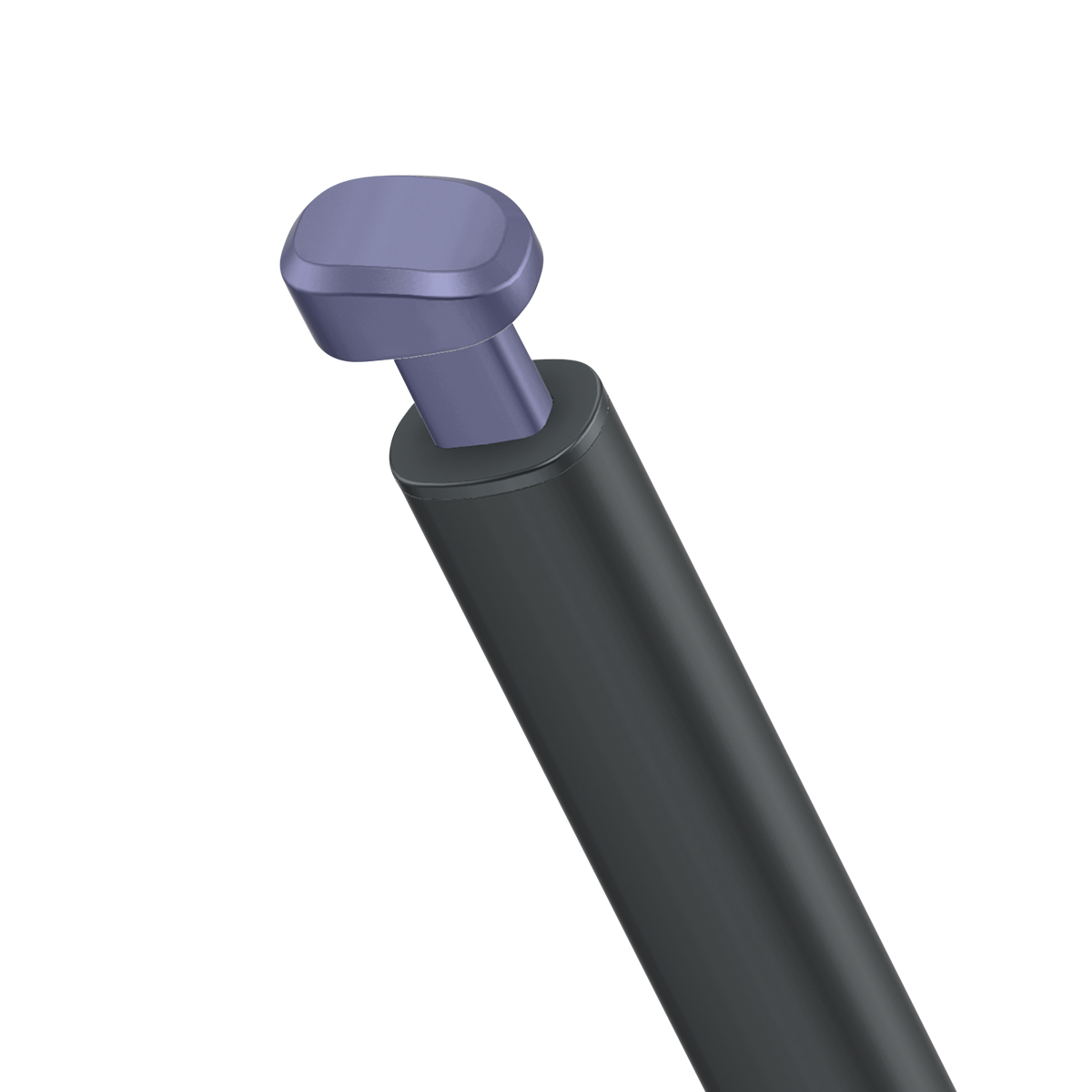 Un cilindro nero con una punta viola su sfondo bianco.