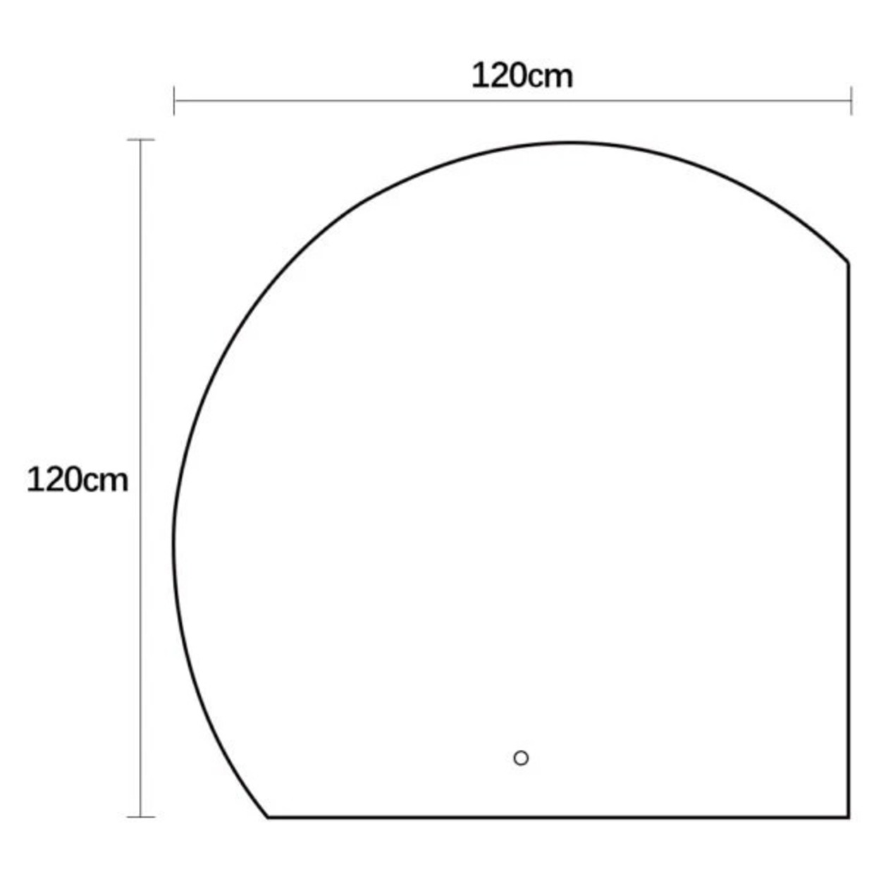 Een 120x120cm diagram van een semicirculaire douchecabine met een kleine cirkel.