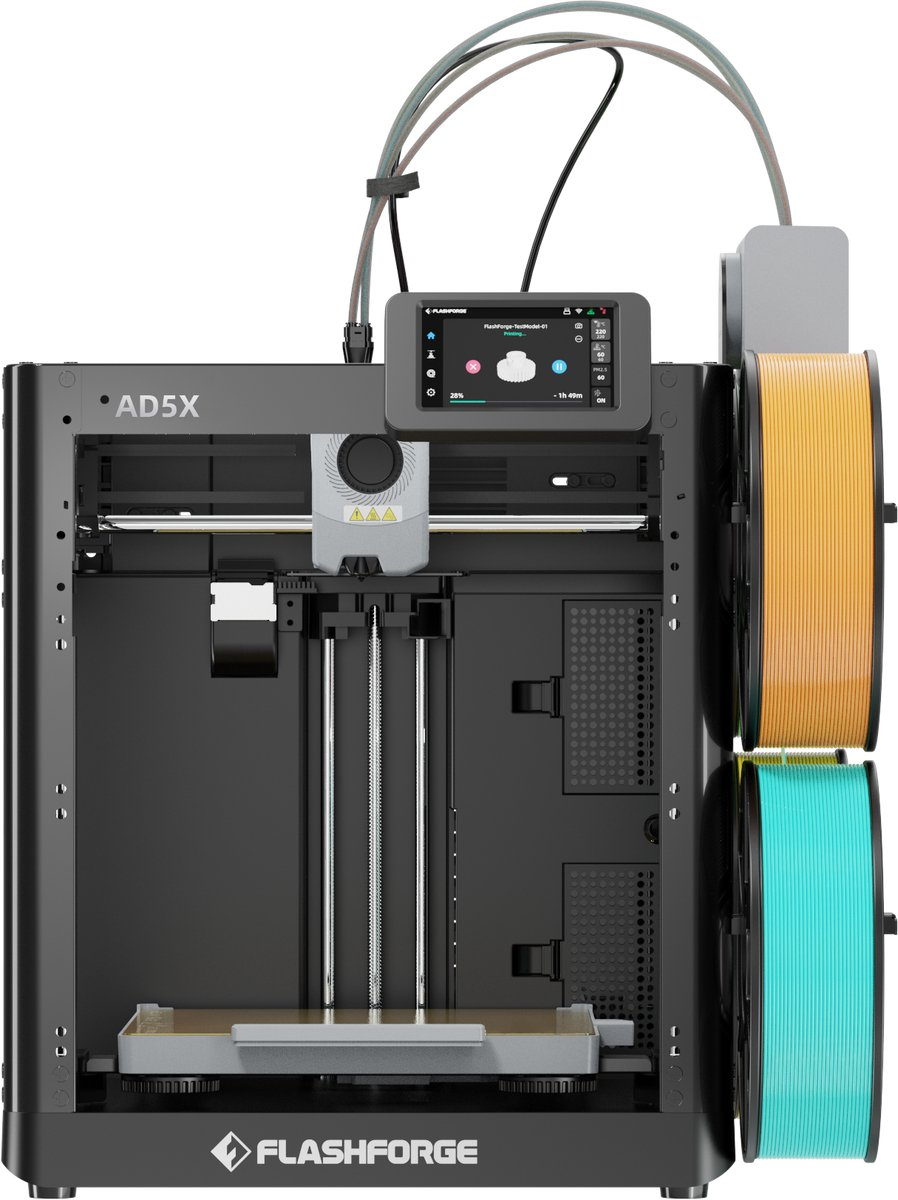 Een zwarte 3D-printer met oranje en turquoise filamentrollen.