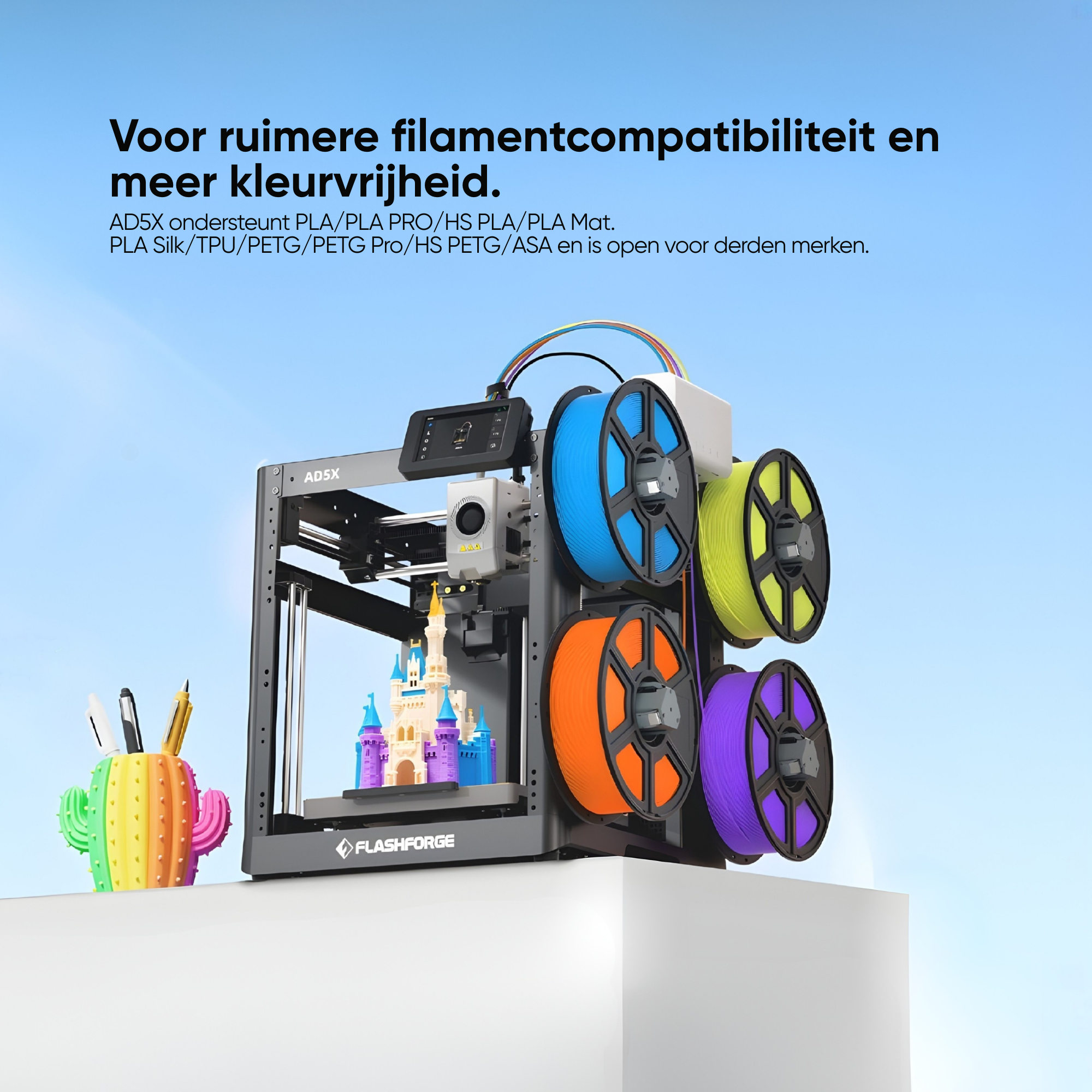 Een 3D-printer met meerdere filamentrollen in blauw, geel, oranje en paars.