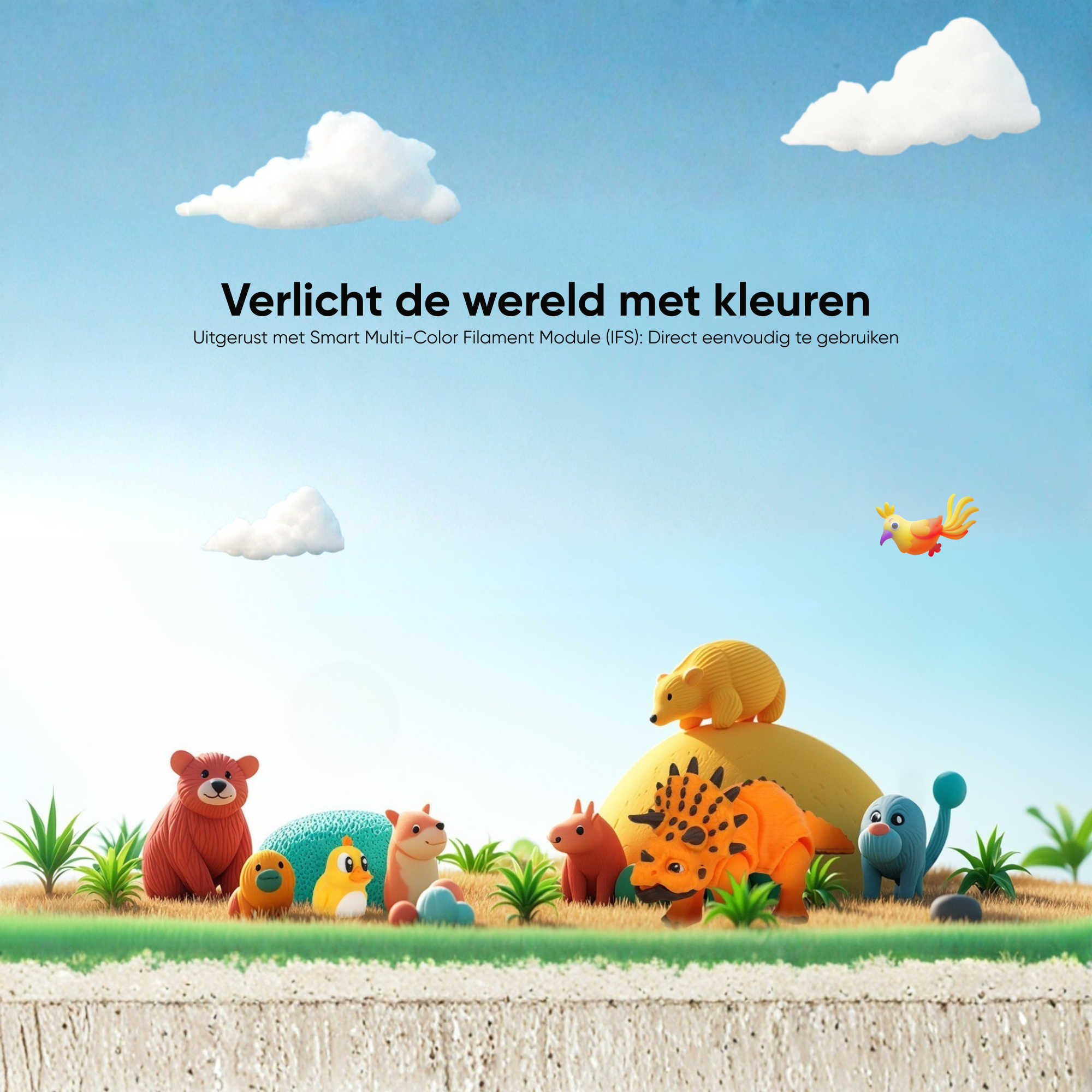Kleurrijke dierenfiguren op een groene weide onder een blauwe hemel met wolken.