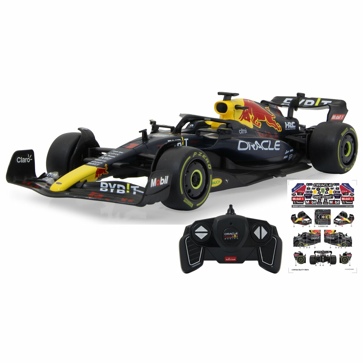 Ein schwarzes Formel-1-Modellauto mit gelben Akzenten und Aufklebern.
