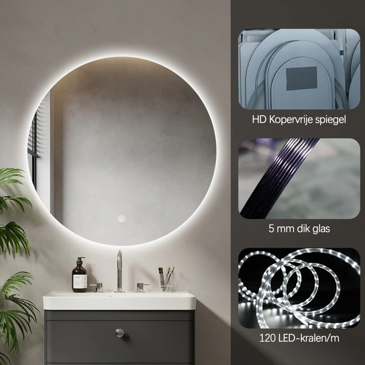 Ronde spiegel met LED-verlichting boven een wastafel met kraan en zeepdispenser.