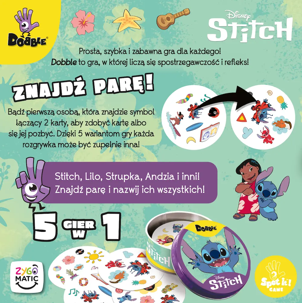 Juego Dobble con Stitch: 5 juegos en 1. Muestra a Stitch, Lilo y cartas de juego.