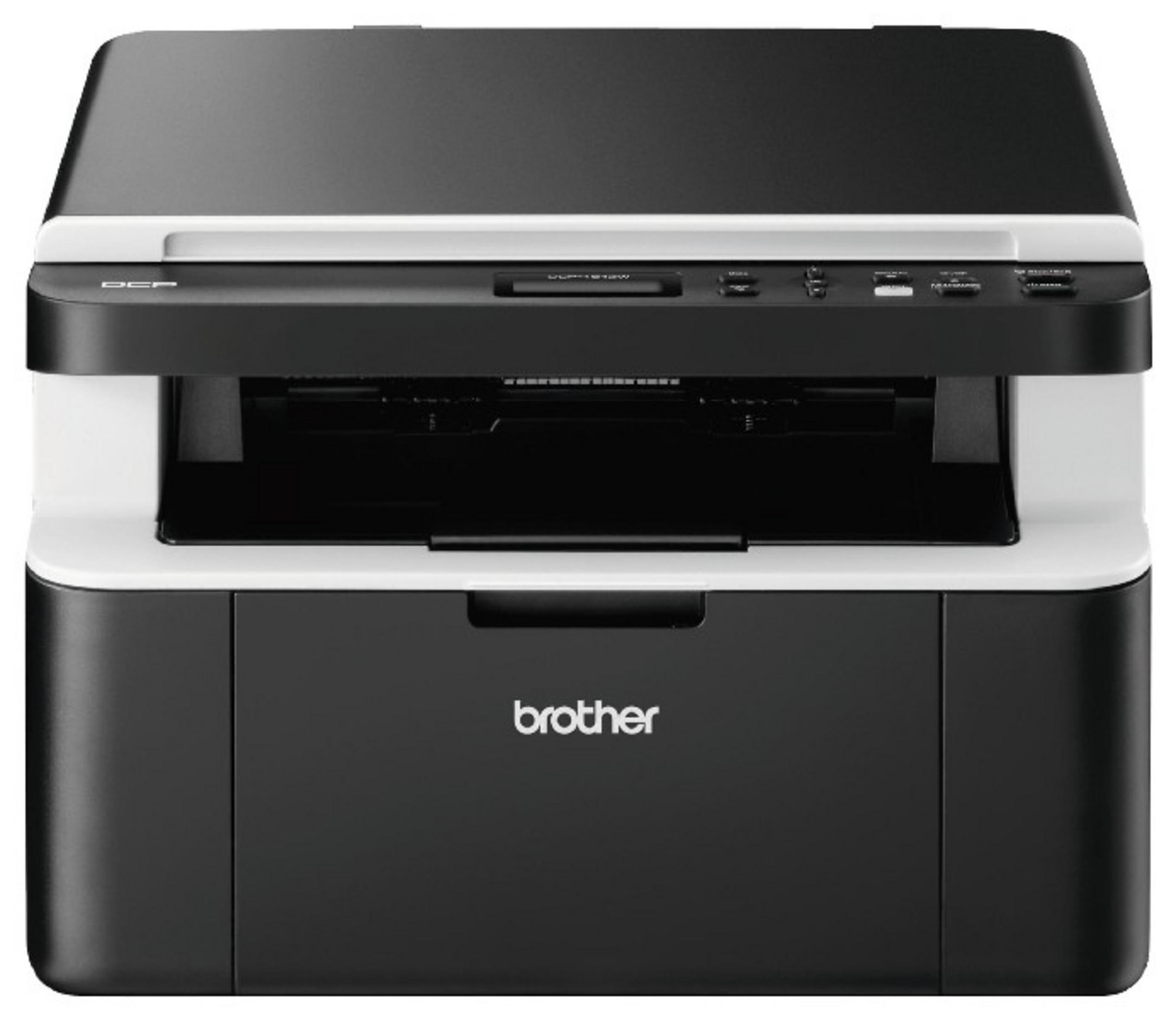 Una impresora lser Brother en blanco y negro con panel de control.