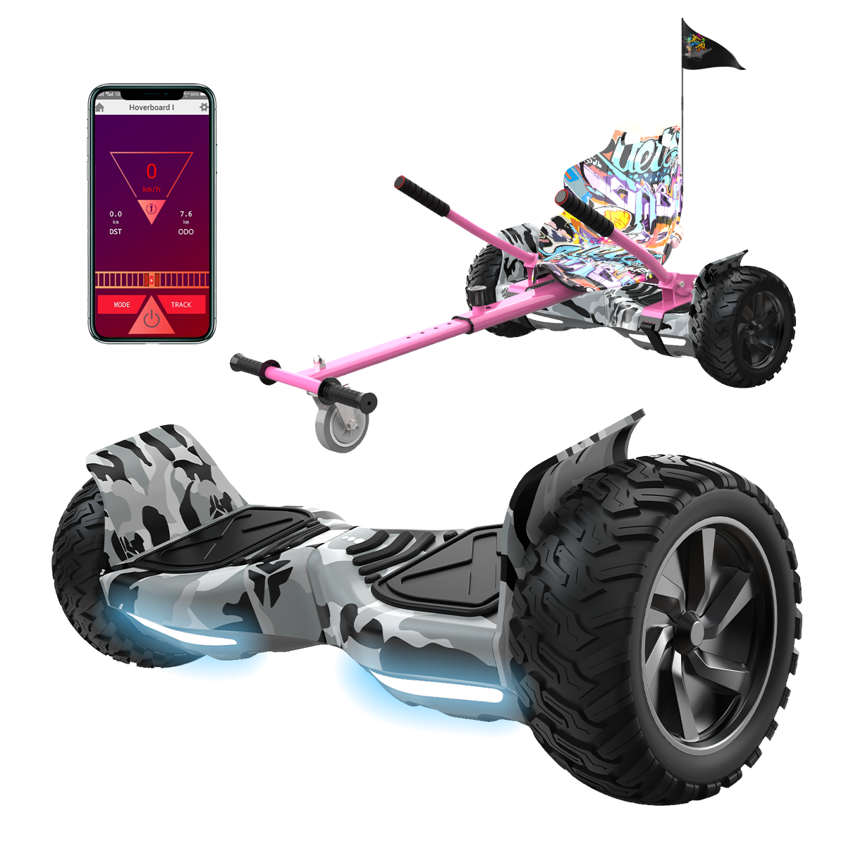 Dos hoverboards: uno con camuflaje y luces azules, otro como kart con asiento de grafiti.