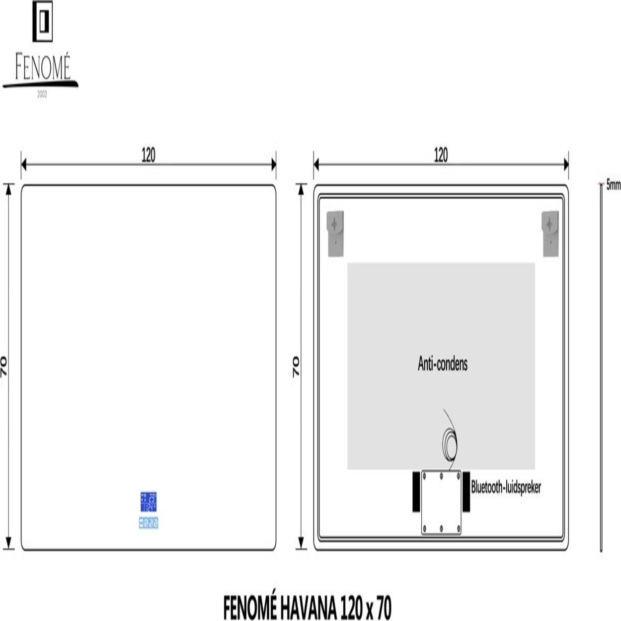 Technische tekening van een spiegel van 120x70cm met anti-condens en Bluetooth-luidspreker.
