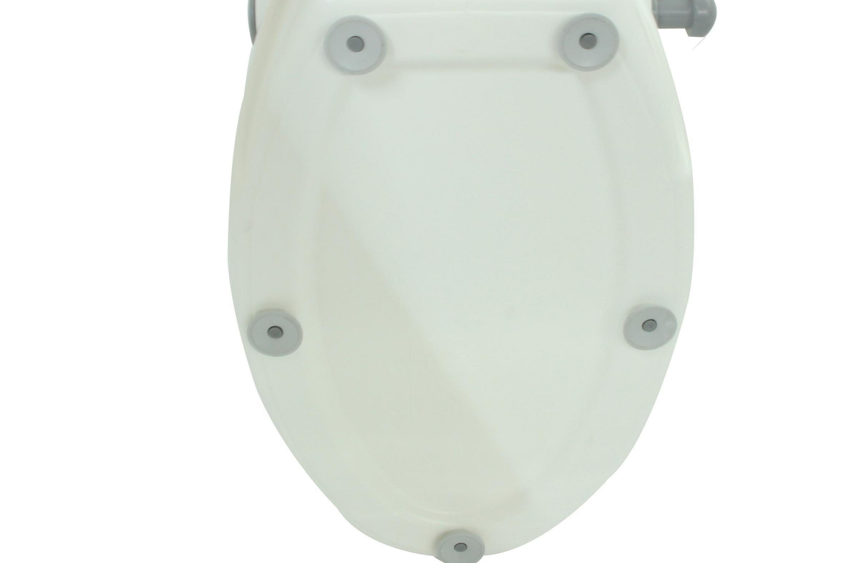 Eine weiße Toilettensitzunterseite mit grauen Gummifüßen.