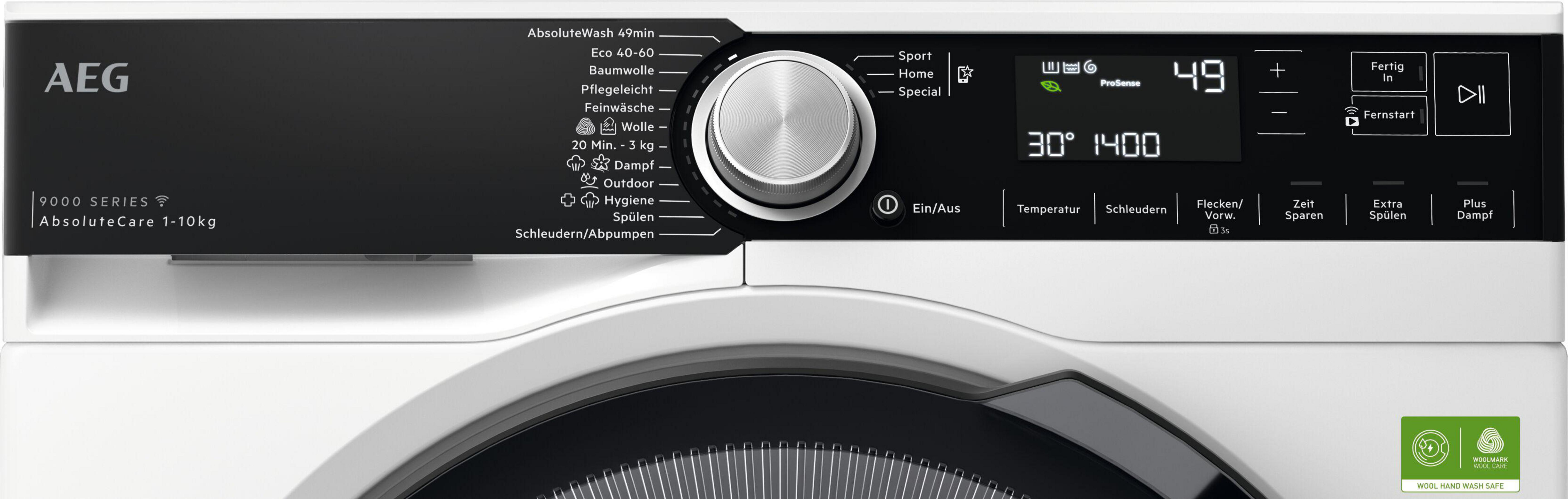 Bedienfeld einer AEG Waschmaschine mit Programmauswahl, Drehrad und digitalem Display.