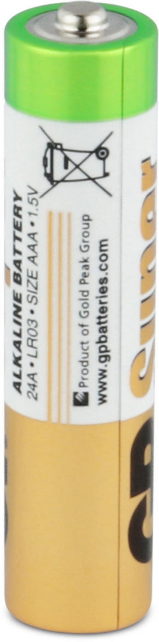 Una batteria AAA con testa verde, corpo dorato e testo stampato.
