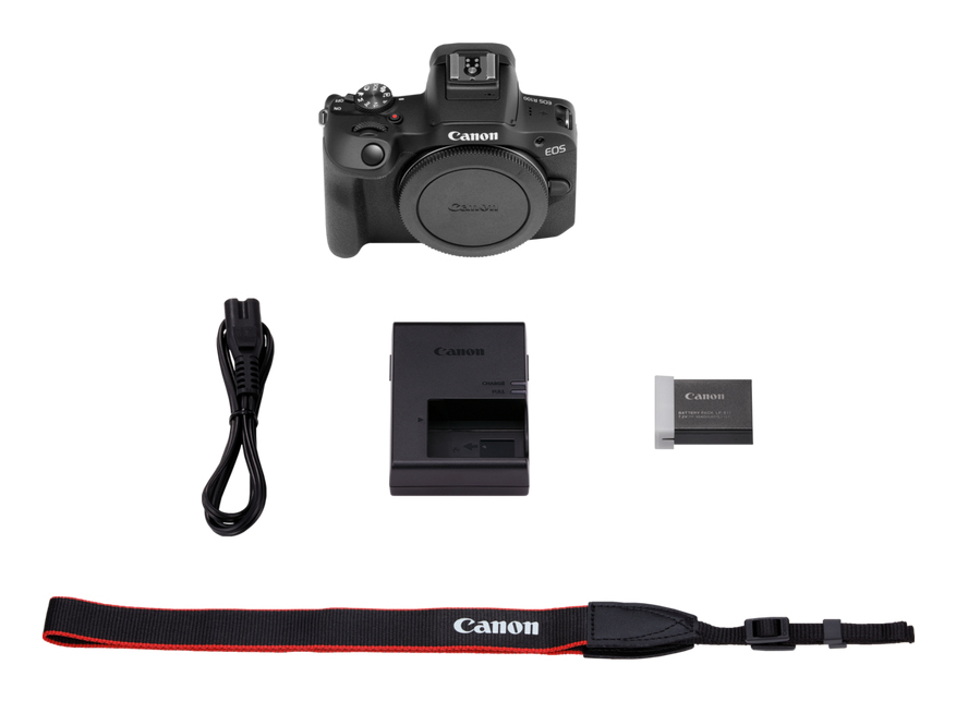 Cámara Canon EOS R100 con batería, cargador, cable y correa.