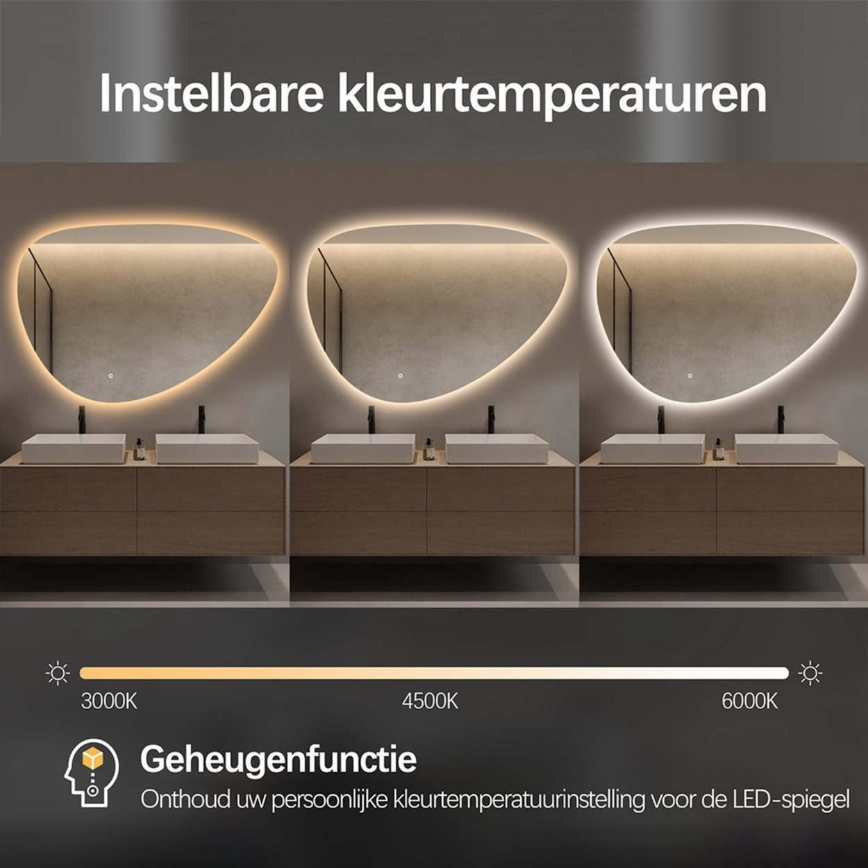 Drie spiegels tonen verschillende lichttemperatuuren van warm wit tot koel wit.