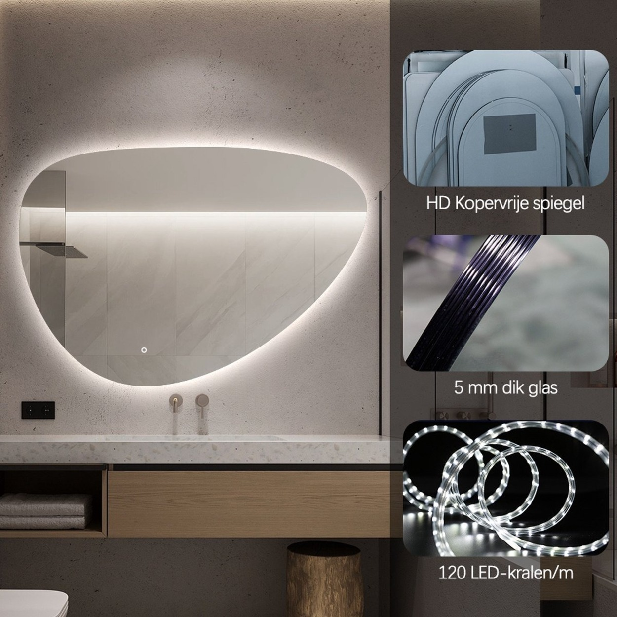 Ovale spiegel met geïntegreerde LED-verlichting, boven een wastafel met houten opbergruimte.