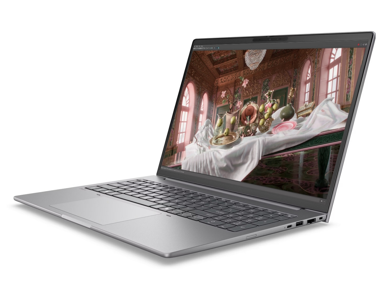 Un laptop argentato aperto mostra un'immagine di natura morta sullo schermo.