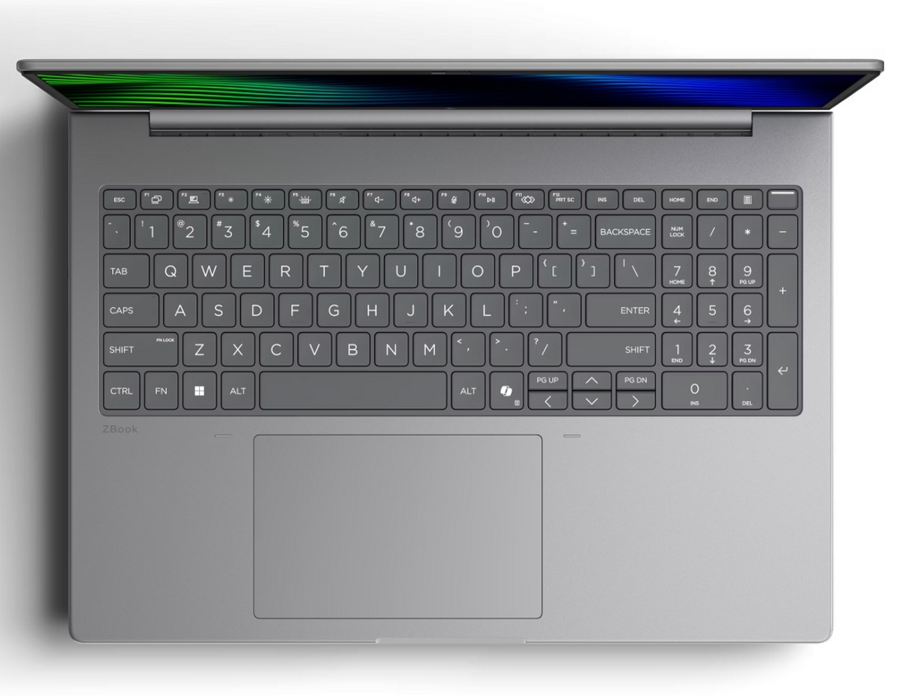 Vista dall'alto di un laptop ZBook grigio con lo schermo aperto, che mostra tastiera e trackpad.