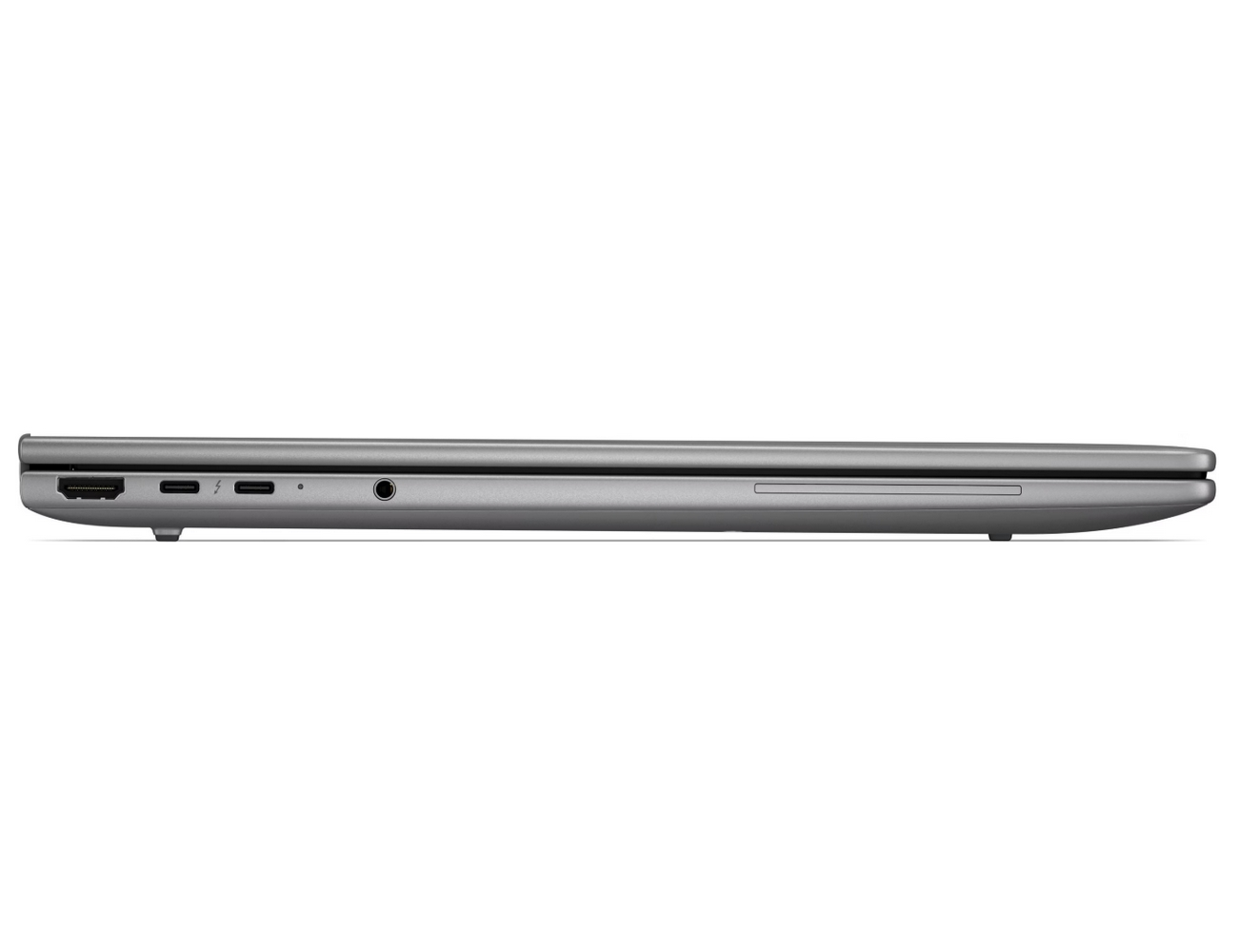 Profilo laptop grigio con porte: HDMI, Thunderbolt, jack cuffie.