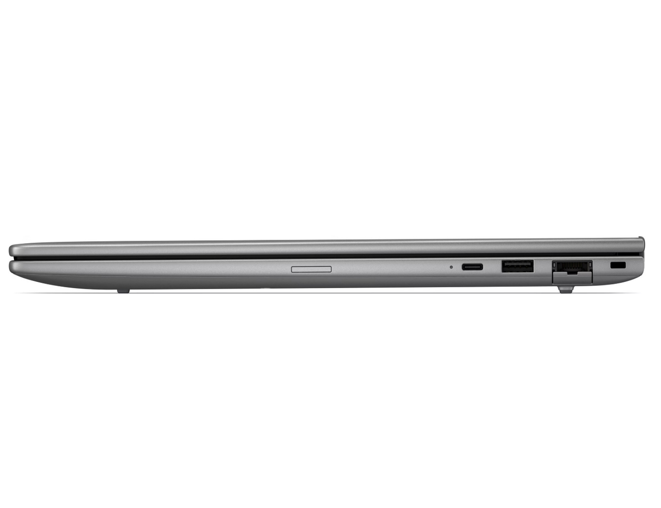 Vista laterale di un laptop grigio con porte USB-C, USB-A ed Ethernet.