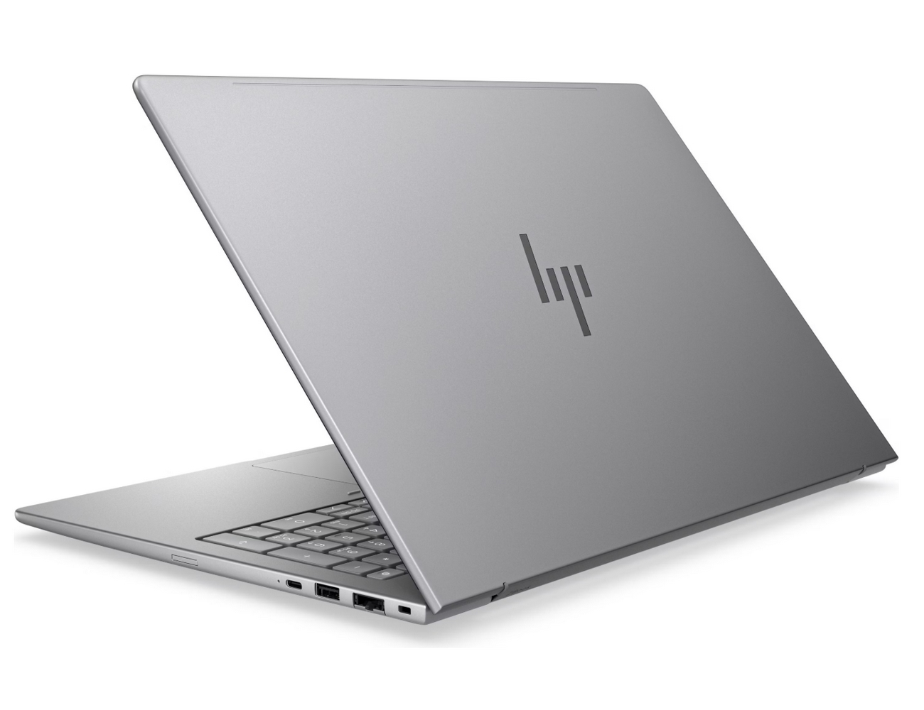 Un laptop HP grigio con il coperchio aperto, che mostra la tastiera.