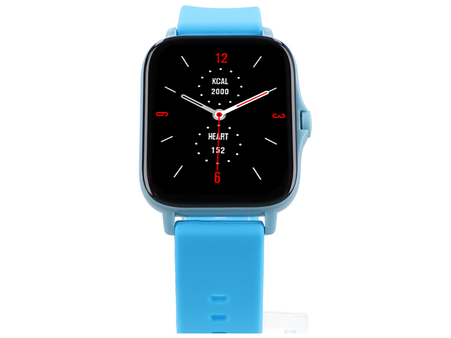 Niebieski smartwatch z czarnym wyświetlaczem cyfrowym pokazującym tętno.