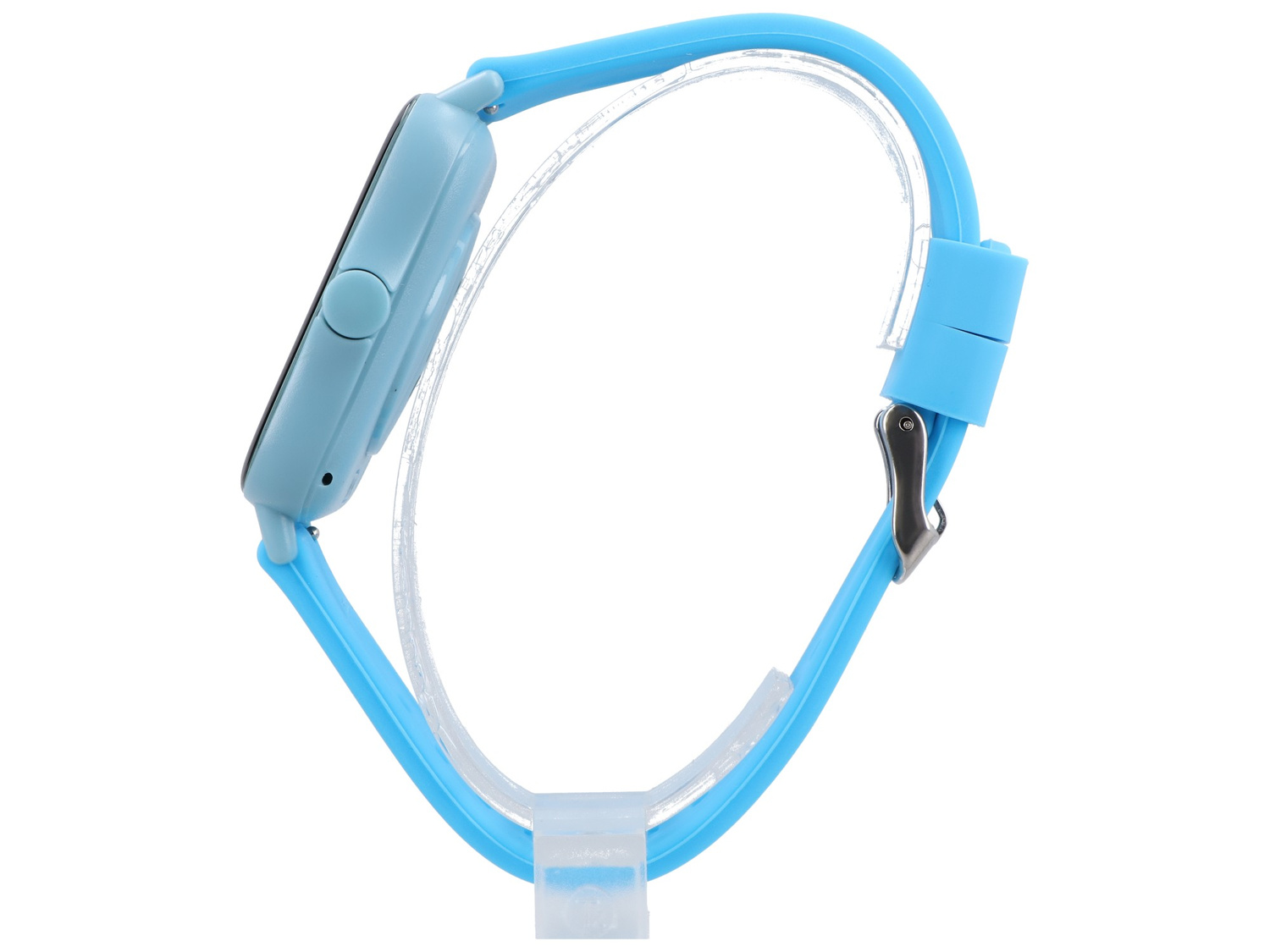 Jasnoniebieska opaska smartwatch ze srebrną klamrą, na przezroczystym stojaku.