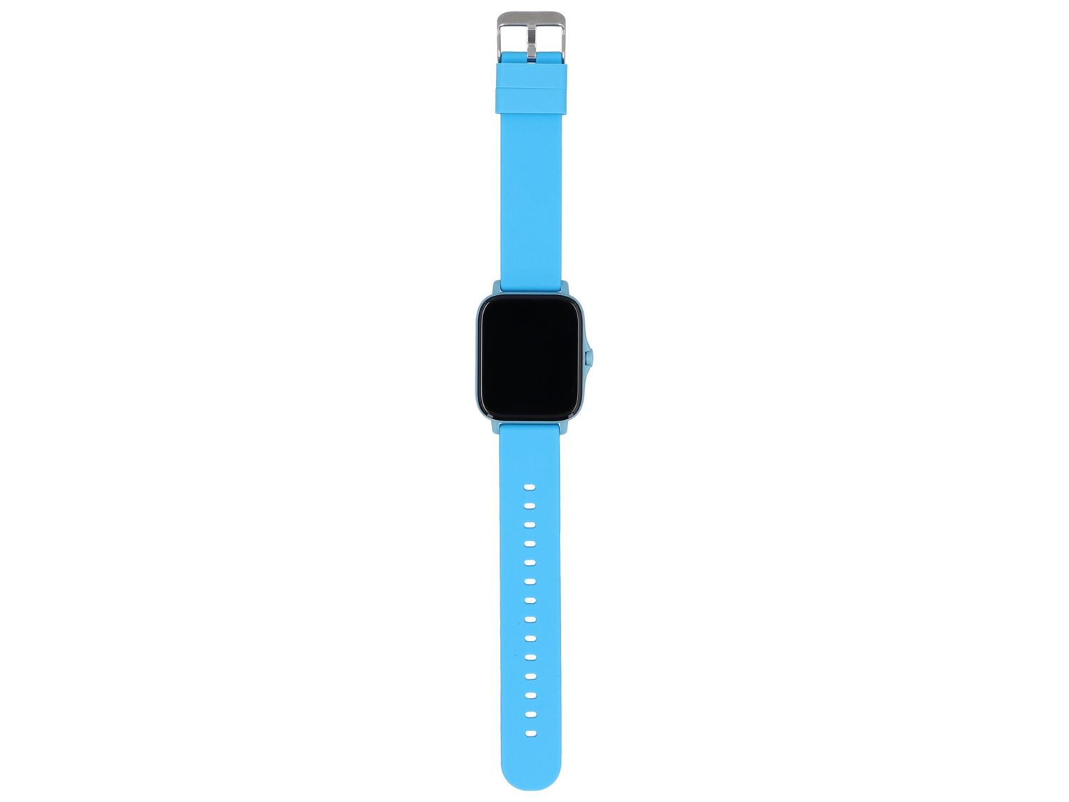 Niebieski smartwatch z czarnym ekranem i niebieską bransoletą.