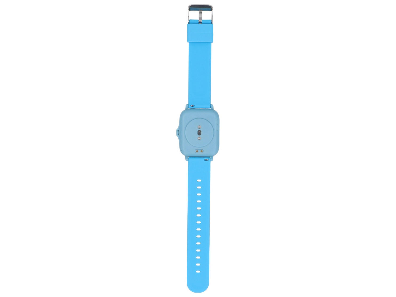 Jasnoniebieska opaska smartwatch z klamrą i prostokątną obudową.