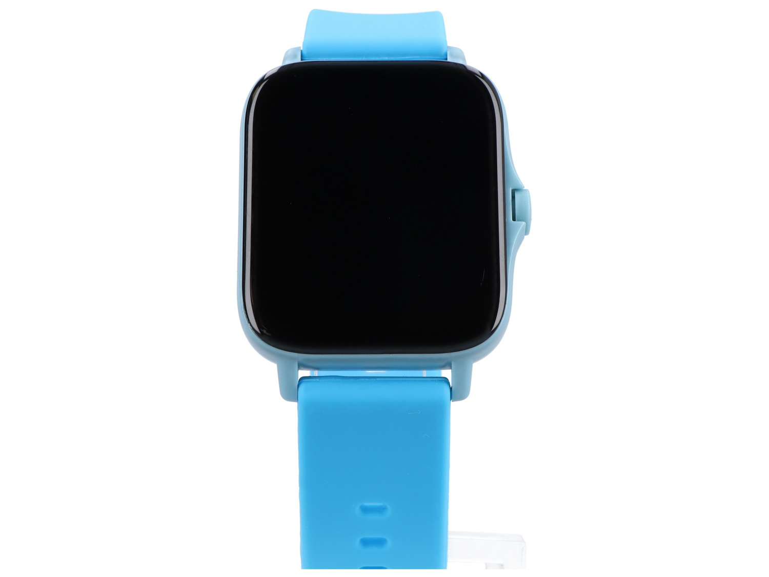 Niebieski smartwatch z czarnym ekranem i niebieskim paskiem.