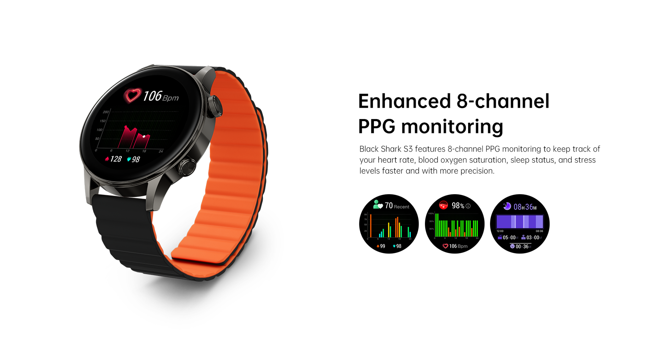 Un reloj inteligente con carcasa negra y correa naranja muestra datos de frecuencia cardíaca.