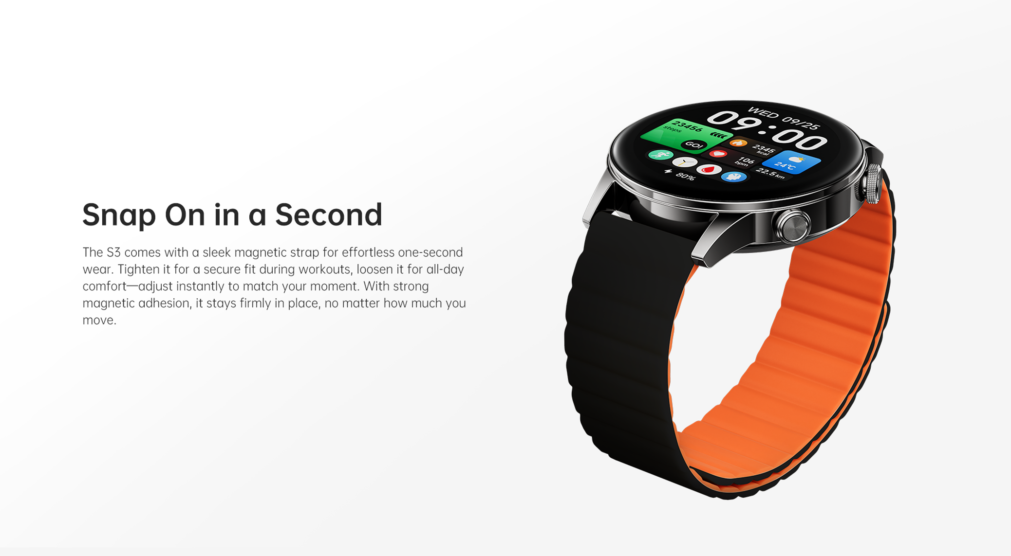 Smartwatch con correa negra y naranja muestra hora, fecha, pasos, FC, temp.